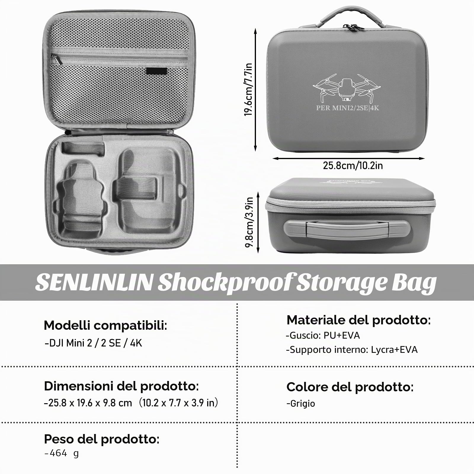Custodia per DJI Mini 4K, Mini 2 SE/2 Drone – Borsa rigida compatta e impermeabile con tracolla, protezione antiurto – Grigio (Solo custodia)