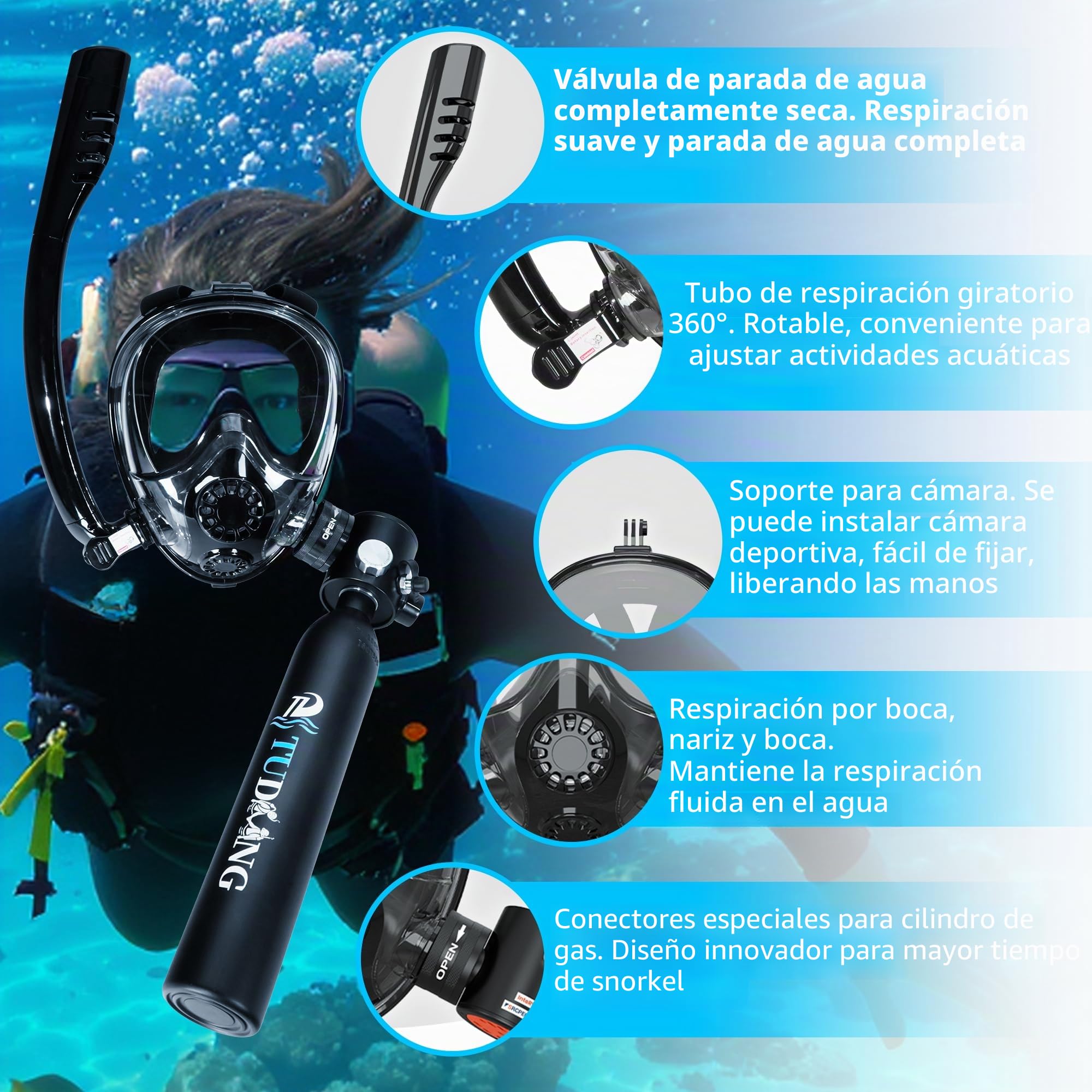 TUDIVING-Juego de Tanque de Buceo de 0,5 L, minicilindro de oxígeno con máscara de Snorkel de Cara Completa, Kit de Buceo de Viaje portátil for Viajes Nadar Rescate