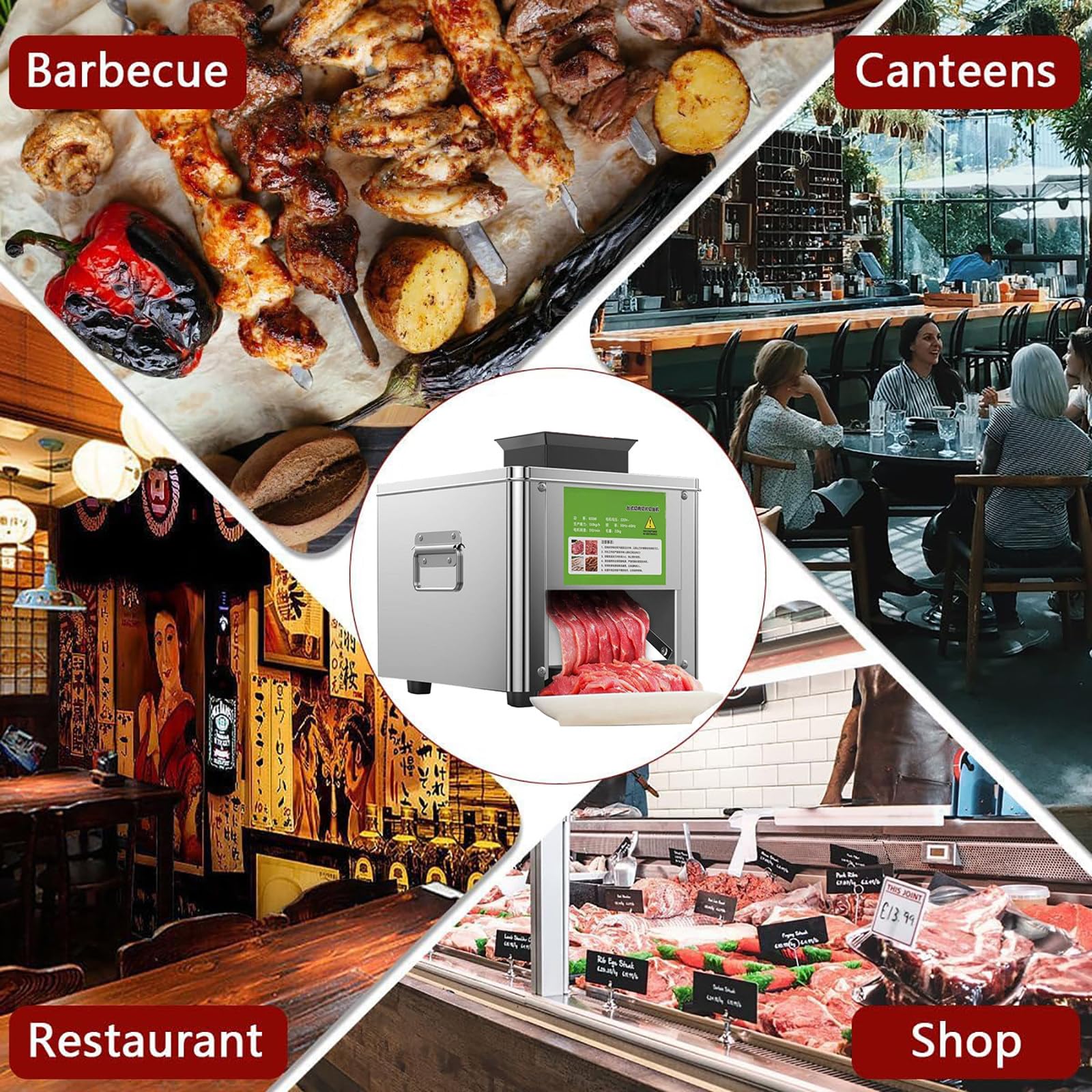 Komercyjna krajalnica do mięsa o mocy 850W, elektryczne paski mięsa ze stali nierdzewnej o mocy 330LB/H, kostka w kostkę, krajalnica do warzyw dla restauracji, sklepu mięsnego,15MM