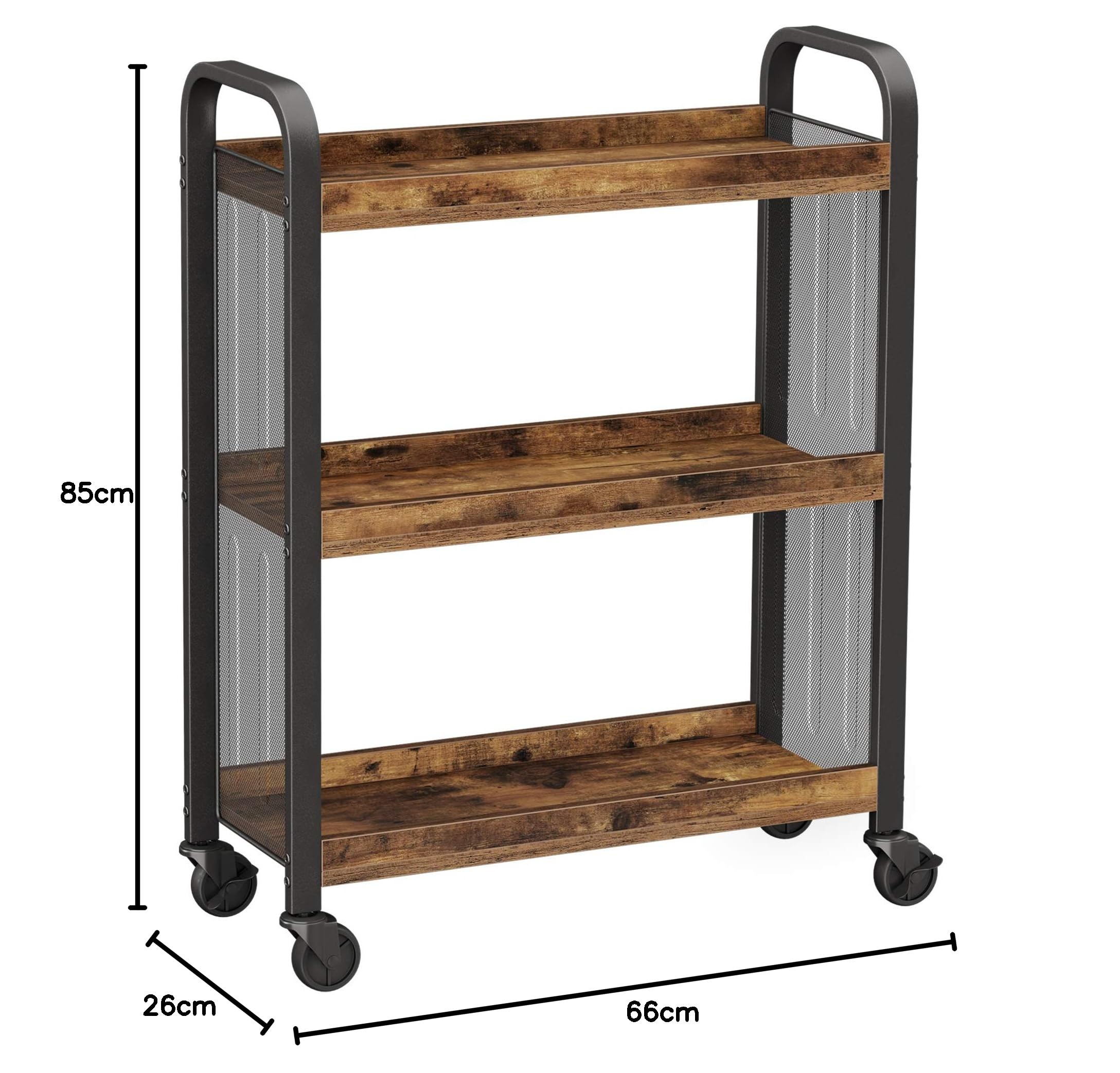 VASAGLE Cowjag Carrito de Cocina Estrecho, Carrito Auxiliar con Ruedas, Ahorro de Espacio, Estantería de Cocina con Estructura de Hierro, Color Marrón Rústico, 66 x 26 x 85 cm