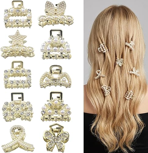 Small Gold Rhinestone Hair Clips for Women 10Pcs Metal Crystals Mini Gold Pearl 