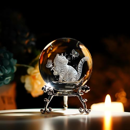 Bola de cristal de gato 3D para el hogar, cristal grabado con láser, con mariposas, bola pisapapapeles con soporte