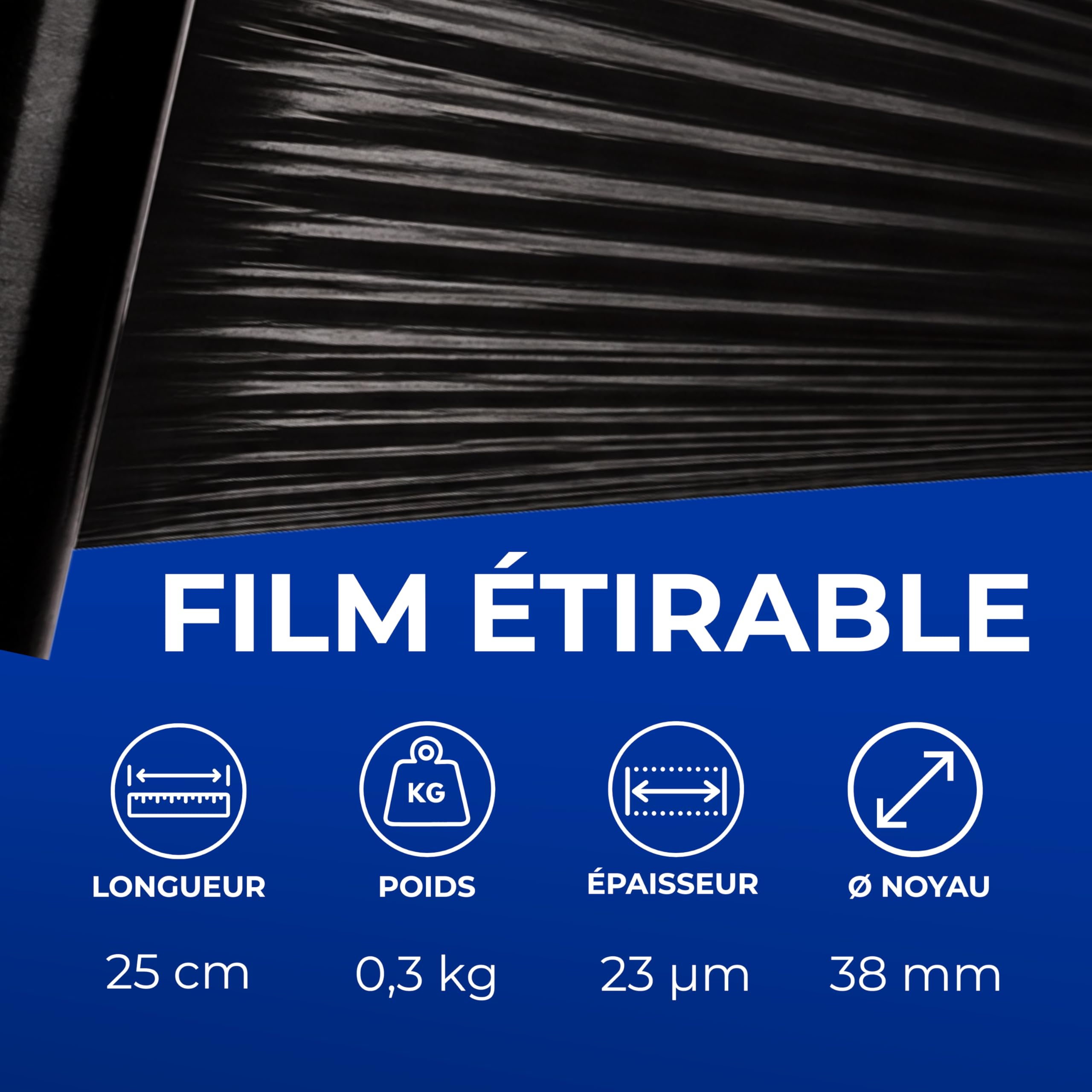 Film étirable Noir 25 cm 3 rouleaux opaque 300 g mandrin Ø38 mm