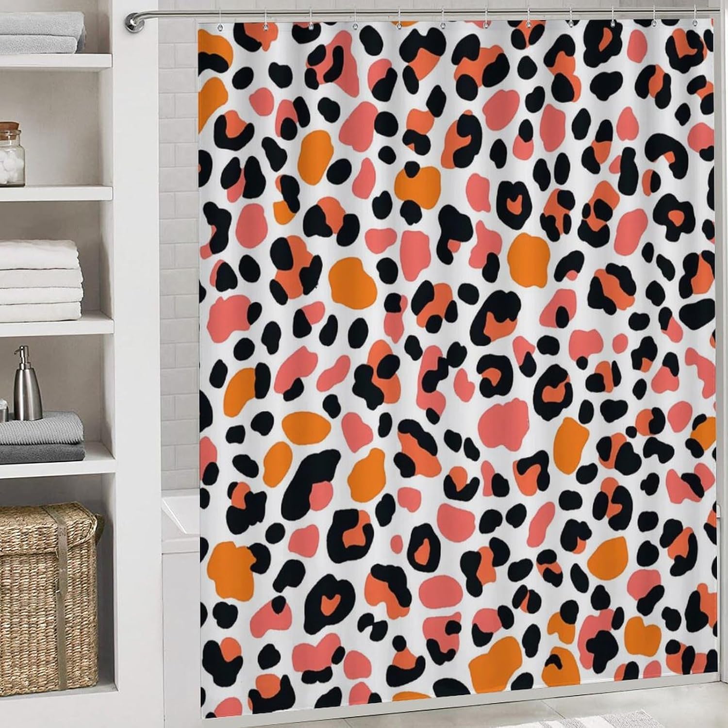 Leopard Pattern Colorful Modern Bathroom Sets with Shower Curtain and Rugs Decor 4 Pcs with 12 Hooks