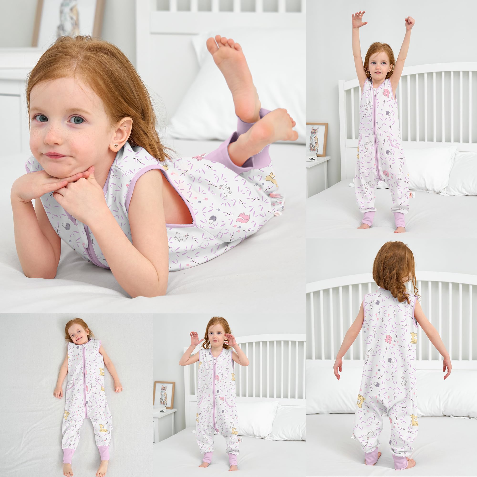 LAT Paquete de 2 Saco de Dormir para Bebé con Pies, 0,5 TOG Saco de Dormir Bebe Verano, 100% Algodón Transpirable Pijiama Manta con Pies para Bebe (Conejo+Blanco, L)