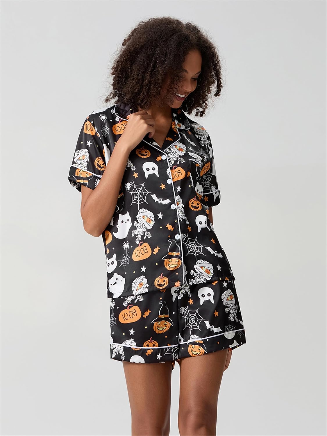 Raruxxin Women Halloween Pajamas Shorts Sets Pumpkin Print Short Sleeve Button Down Shirt Spooky 2 Piece Sleepwear Loungewear - Image 4