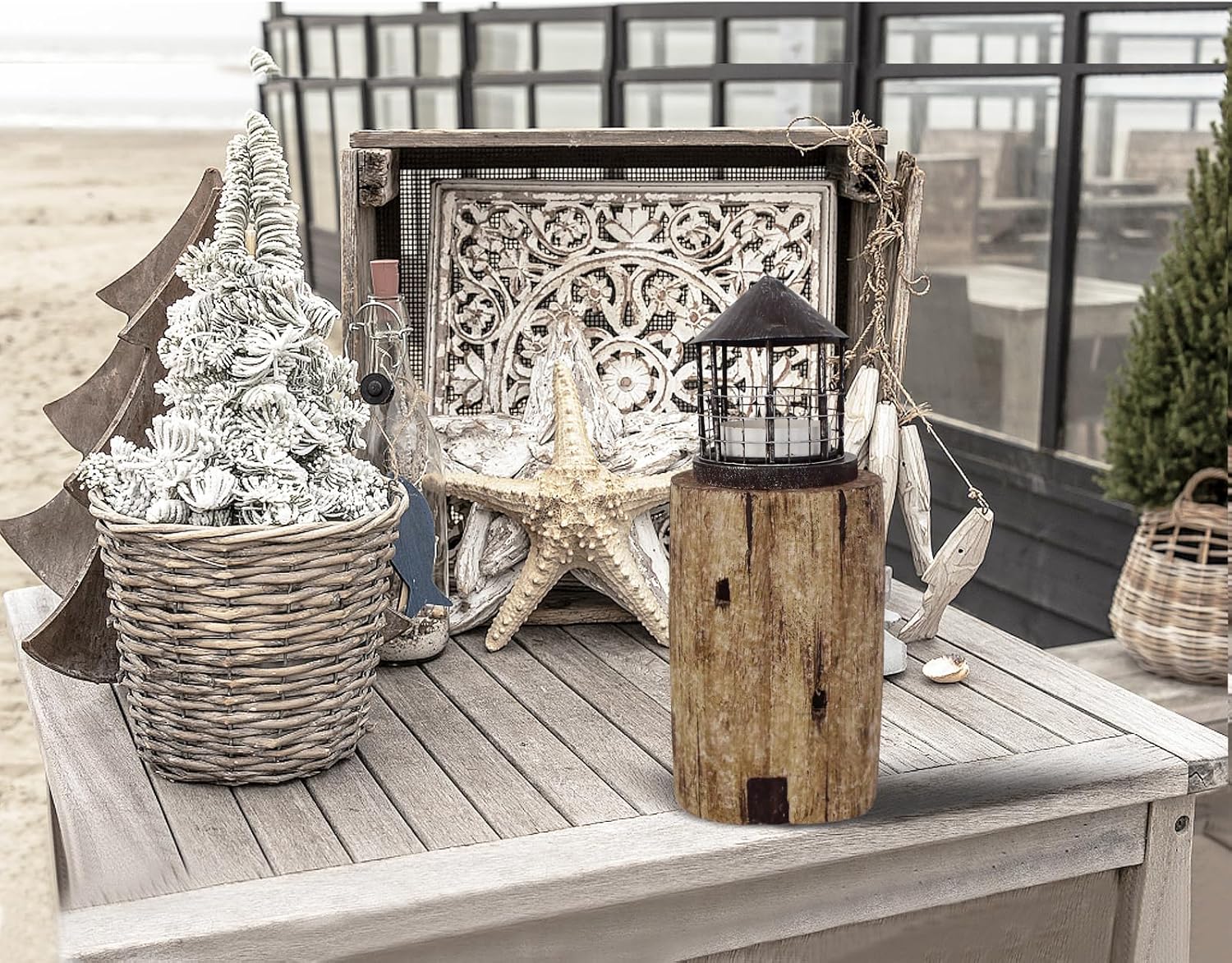 Linfevisi Wooden Lighthouse Candle Holders Decorative Tea Light Holder Ocean Beach Nautical Coastal Mini Standing Lighthouses Figurines Rustic for Home Decor Bathroom Table Party Wedding 10 Inches