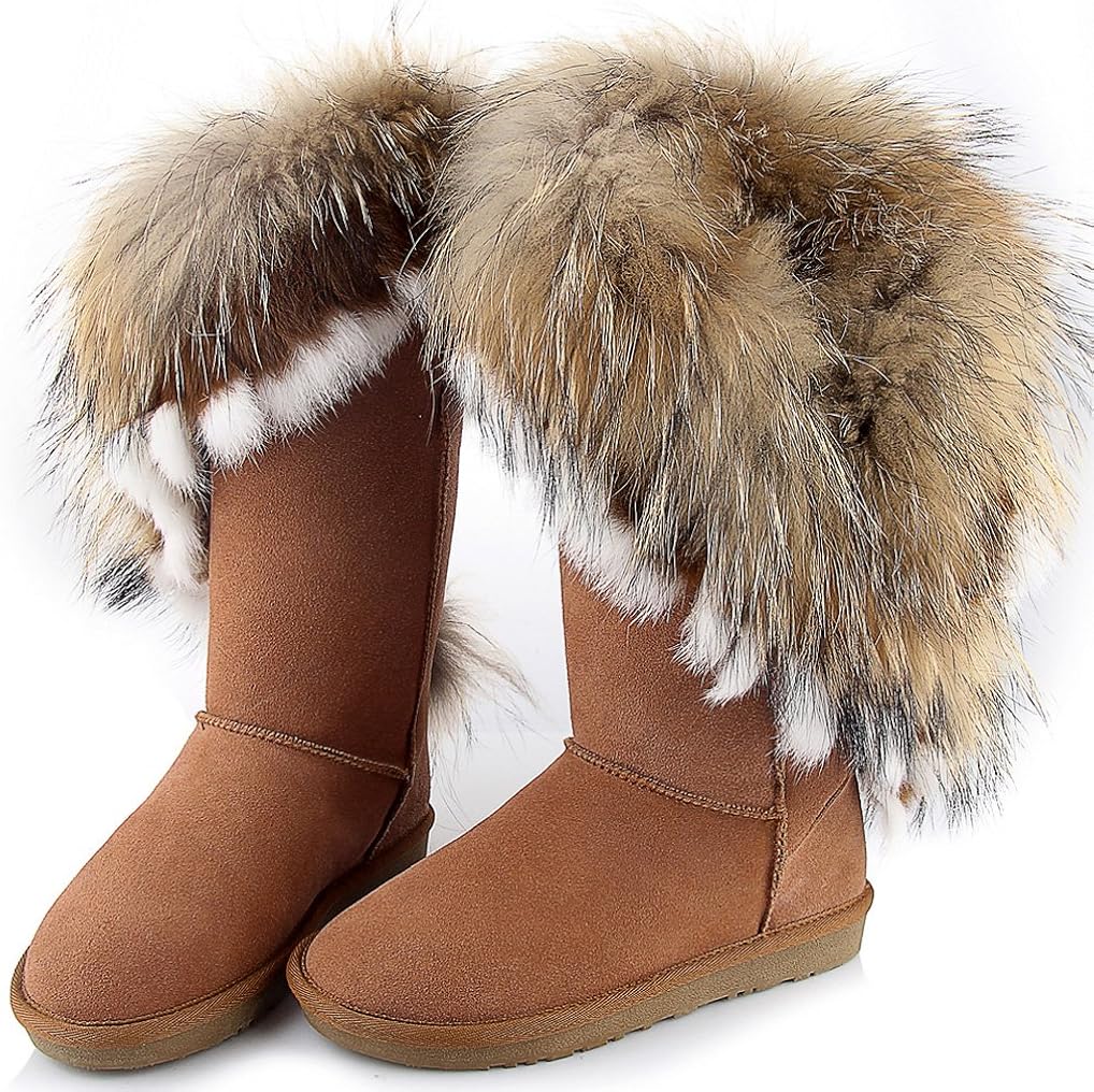 APHNUS Womens Mid Calf Boots Cow Leather Fur Snow Boots 9.5 Brown