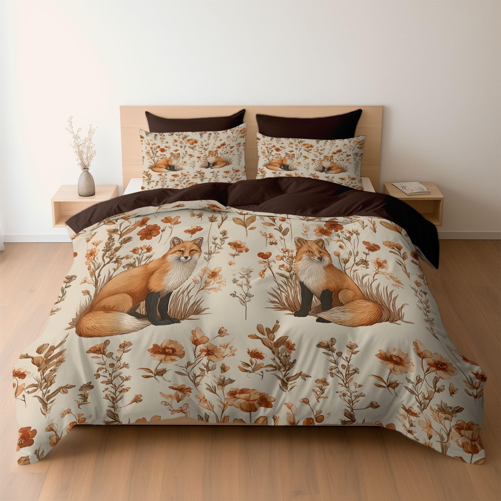Generisch Retro Landhaus 3-teiliges Bettwäsche-Set, 1 Bettbezug 180 x 200 cm und 2 Kissenbezüge 80 x 80 cm, Taupe, Herbstblumen Fuchs, Pflegeleicht, Erwachsene, Schlafzimmer