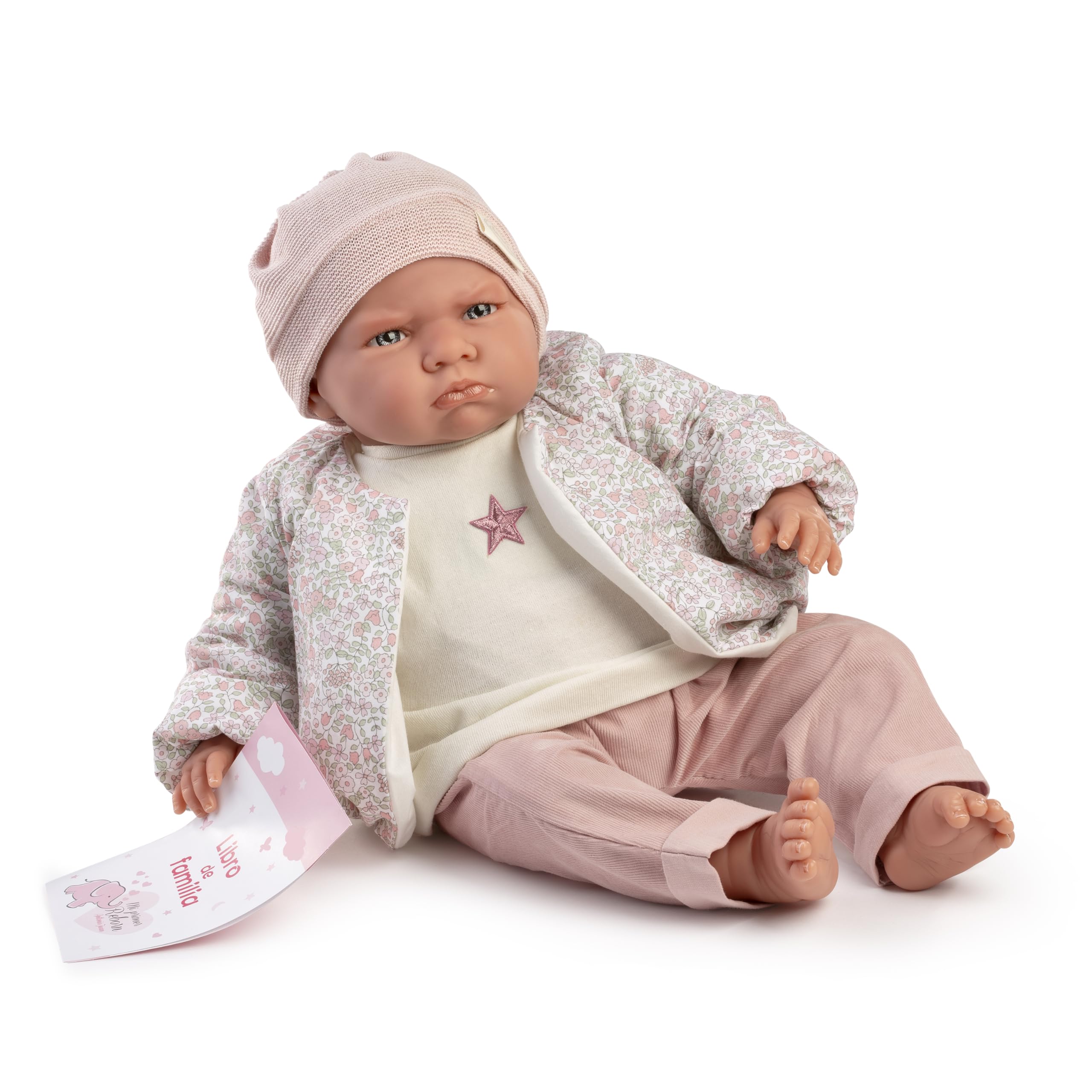 Muñecas Antonio Juan Mi Primer Reborn Berta, Muñeca Reborn con Conjunto Bomber Floral, Rosa y Crema, Incluye Gorro de Punto