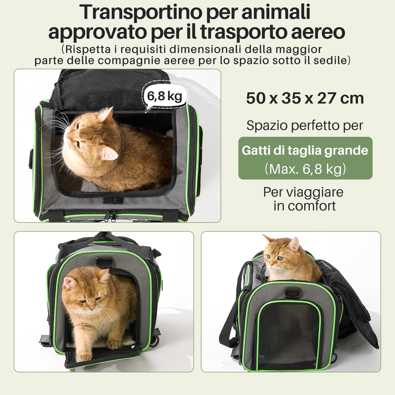 Gardner Pet Trasportino per Gatti e Cuccioli fino a 6,8 kg, Borsa da Trasporto Espandibile con Lati Morbidi, Rete Traspirante, Materiali Senza BPA - Grigio, L