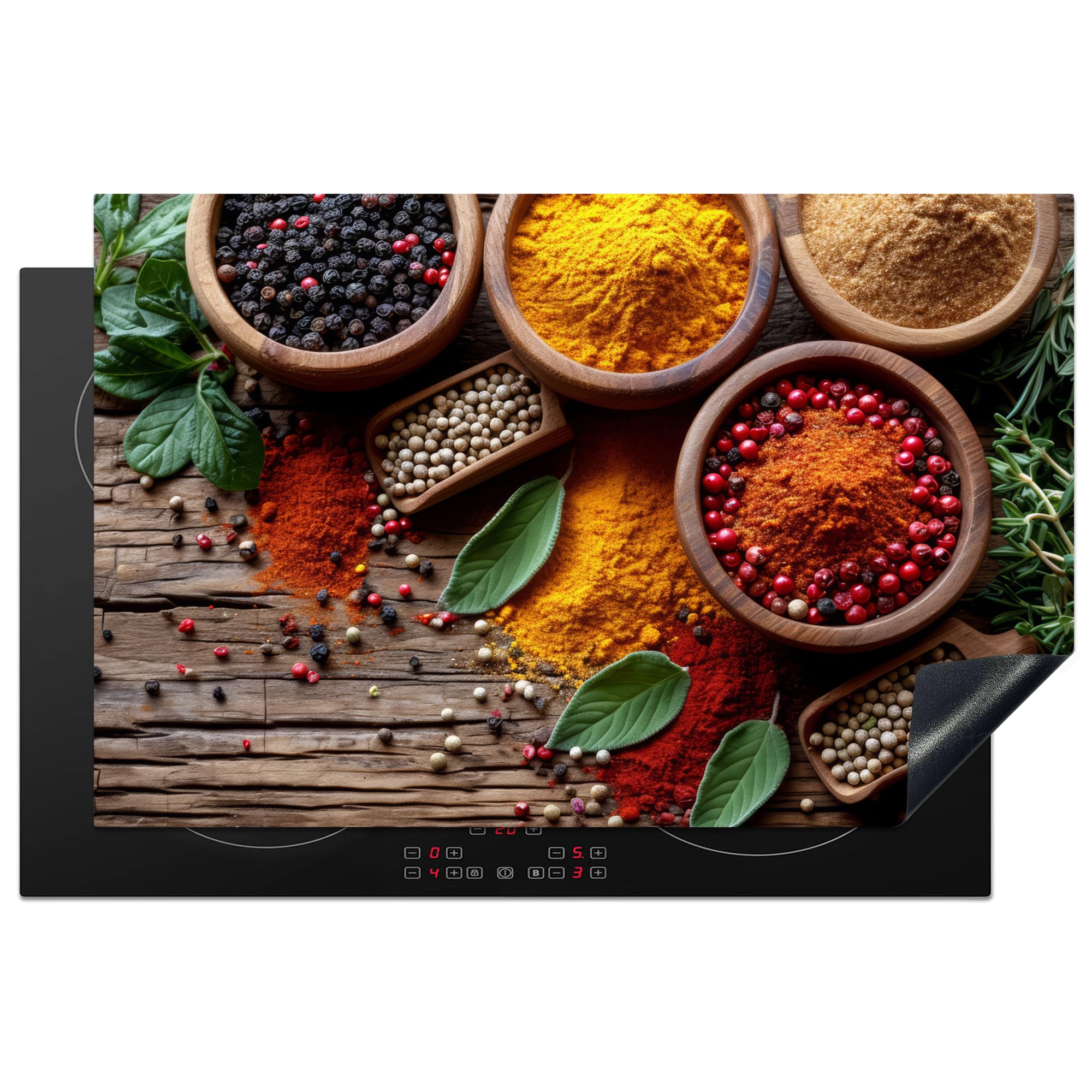 KitchenYeah© Induction Hob Protector Mat 20.5"x31.5" / 80.2x52.2 cm Cooker Top Protectors Cover Ceramic Covers Electric Hobs Vinyl Herbs - Wood Texture - Cooking - Spices — image 1