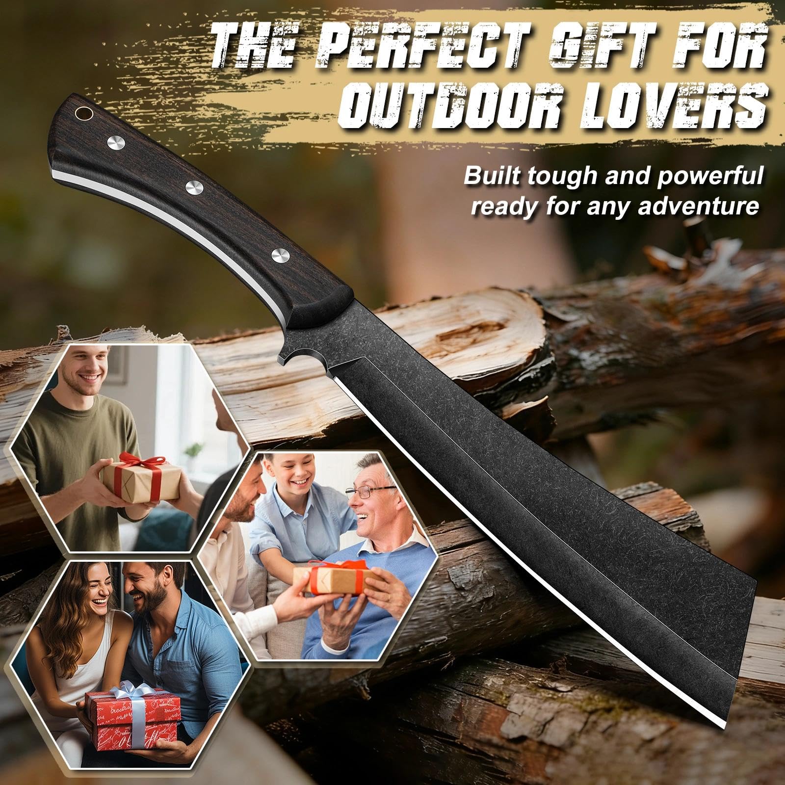 Freelander Machete Survival, Machete Scharf Echt mit Holzschwertscheide, Full Tang Großes Outdoor Messer mit 6mm Klingensteg, Outdoormesser Feststehende Klinge für Camping Gartenarbeit, Schwarz