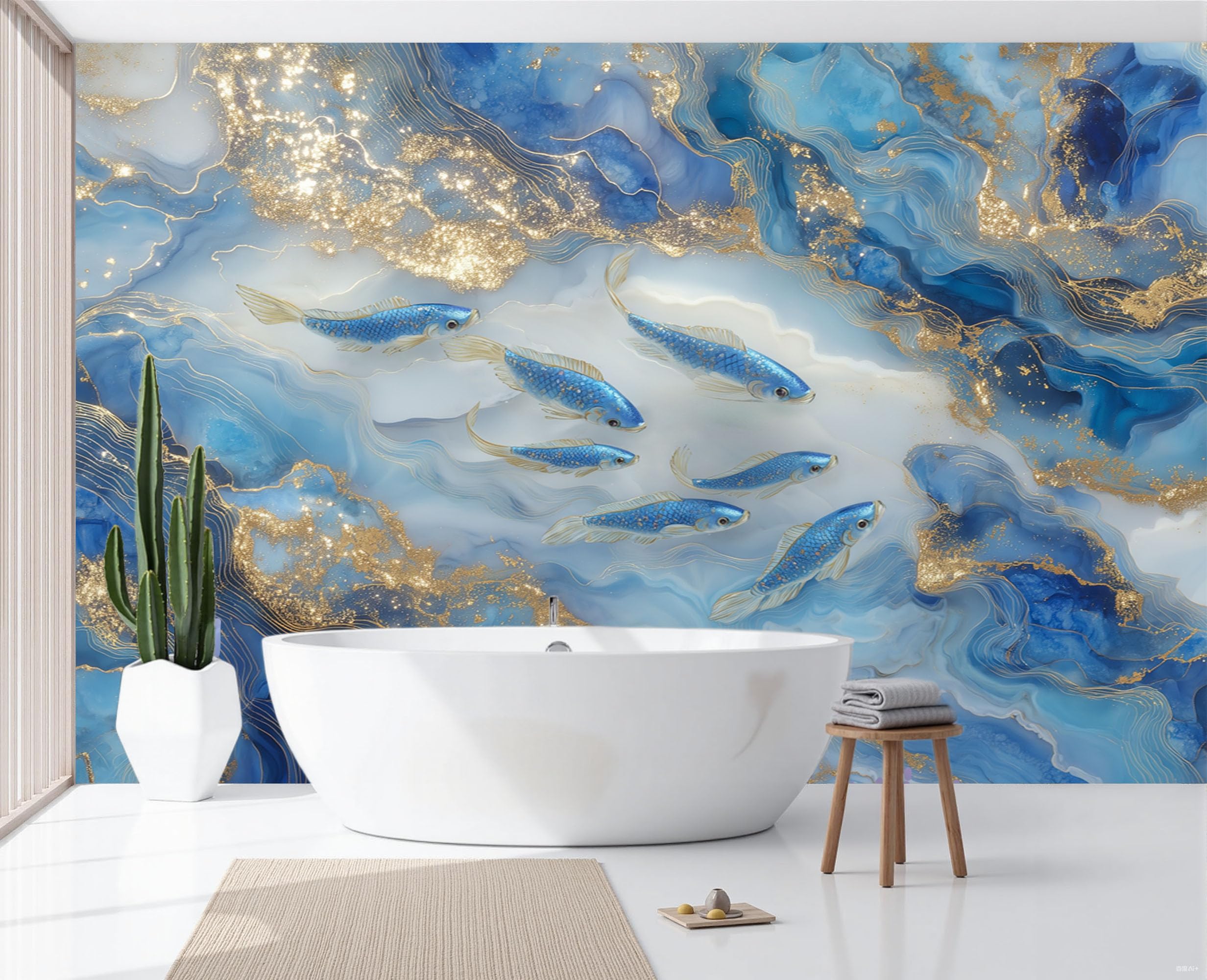 Carpes koï papier peint marbré bleu pour rénover salon et chambre