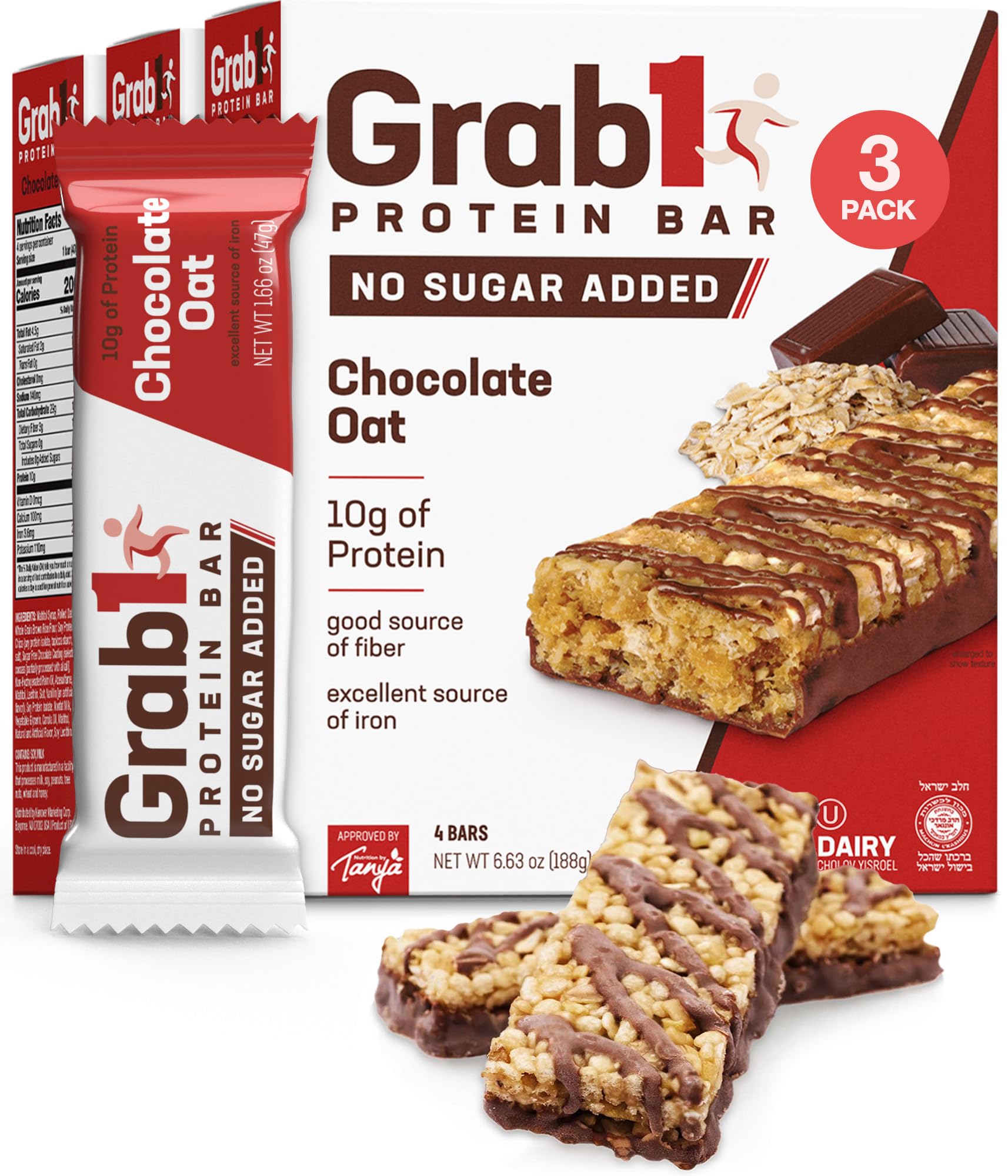 Grab1 Sugar Free Protein Bars, Chocolate Oat (3 Pack- 12 Bars) | Delicious and Nutritious | Low Calorie | Only 1g Sugar