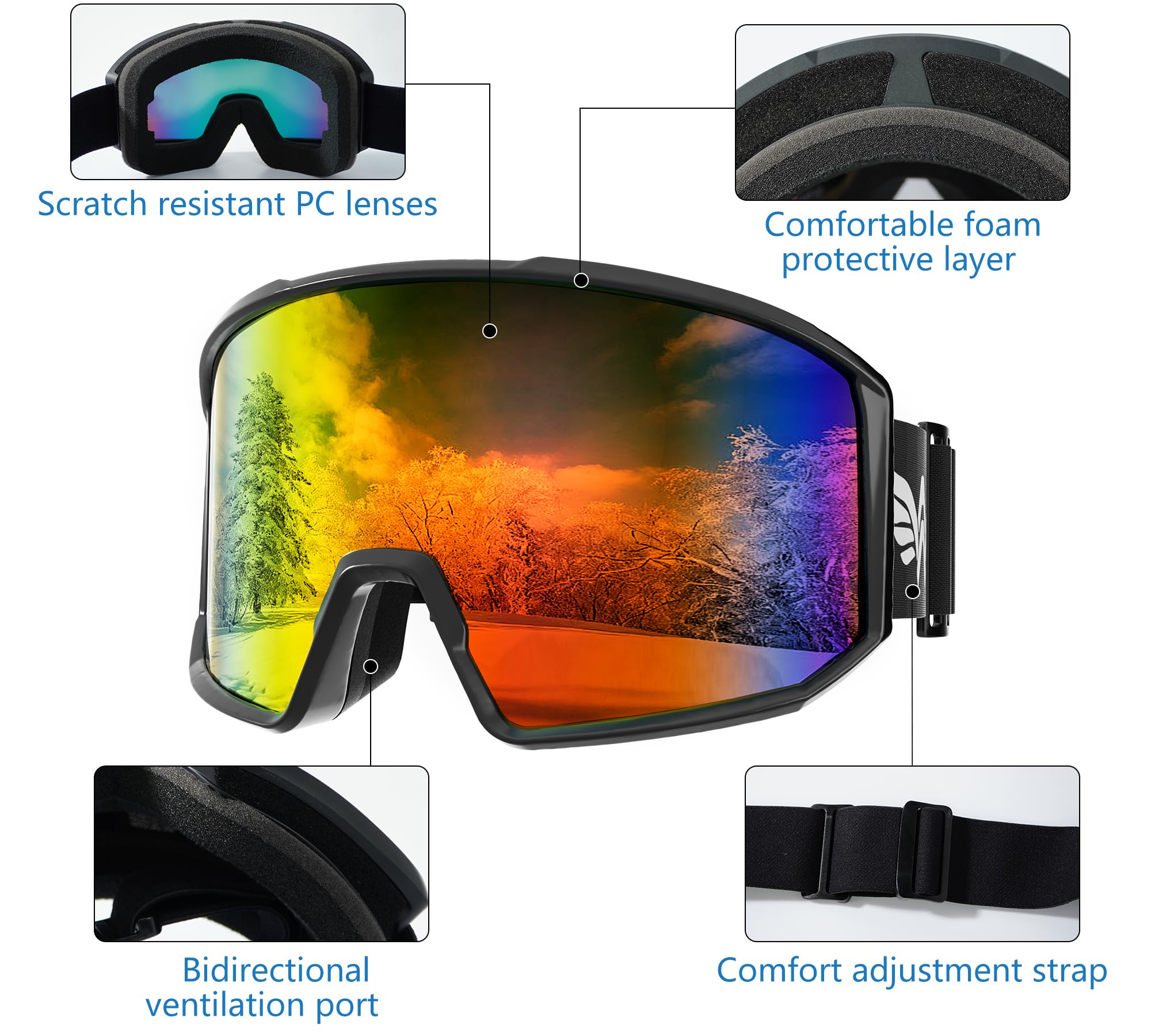 Lunettes de ski et de planche à neige pour hommes, femmes, adultes et jeunes – Protection à 100 % contre les rayons UV/anti-buée/vision large