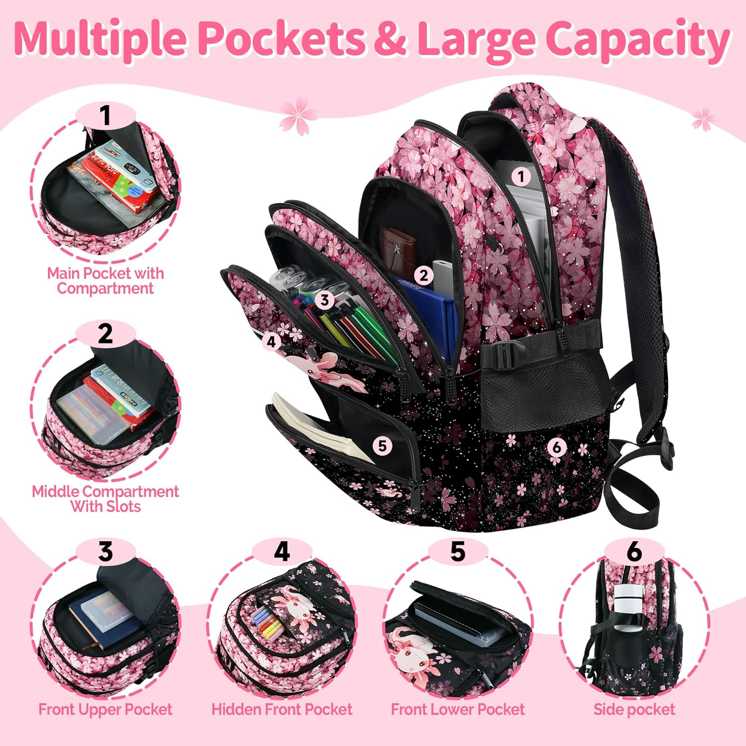 Axolotl Backpack for Girls, Girls Backpacks with Lunch Box and Pencil Case for School, Kids Axolotl Bookbag