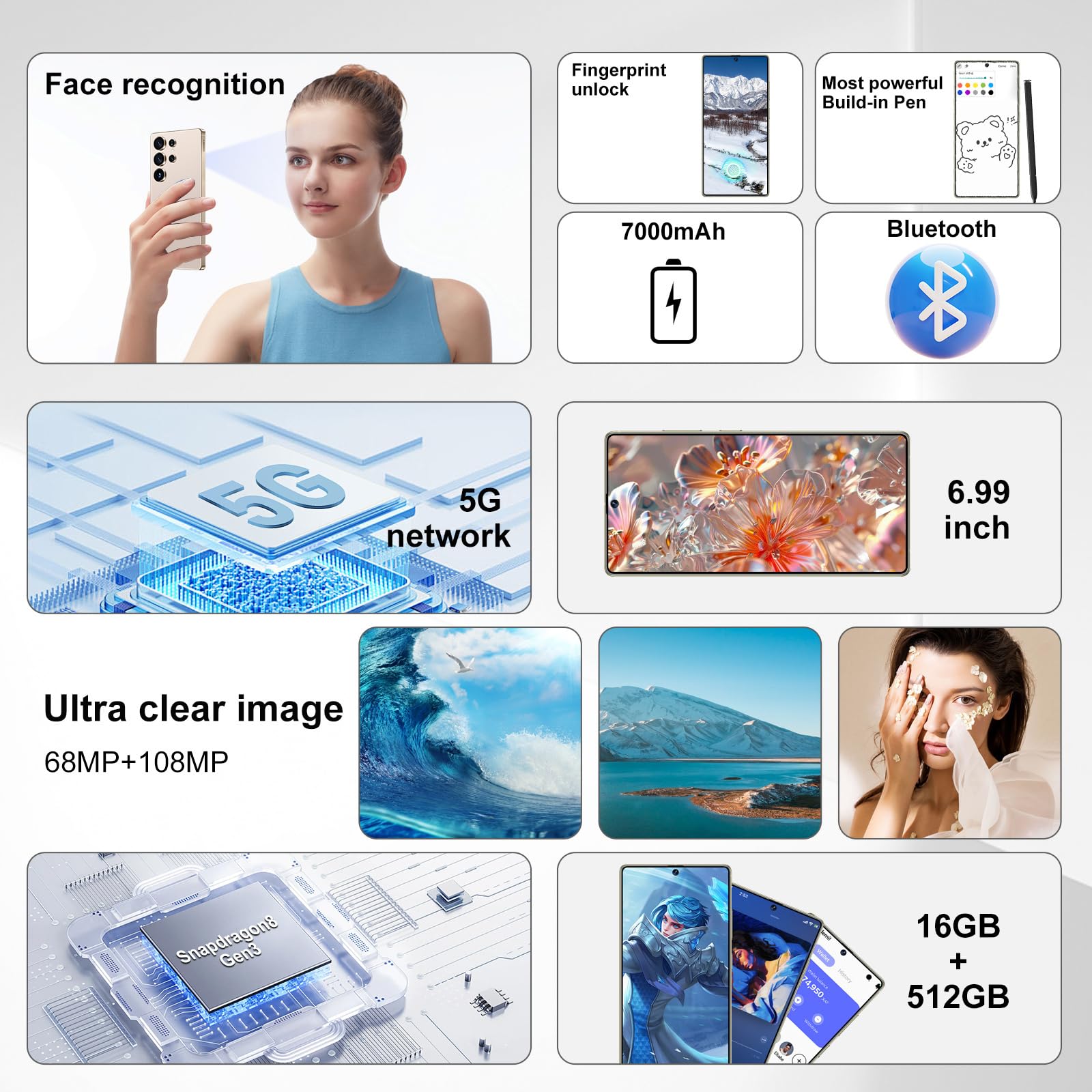 I25 Ultra Smartphone: 16GB RAM, 512GB Storage, 7000mAh Battery, 6.99" Display, Android 14, Built-in Stylus - Ultimate Performance & Power (Desert Titanium)