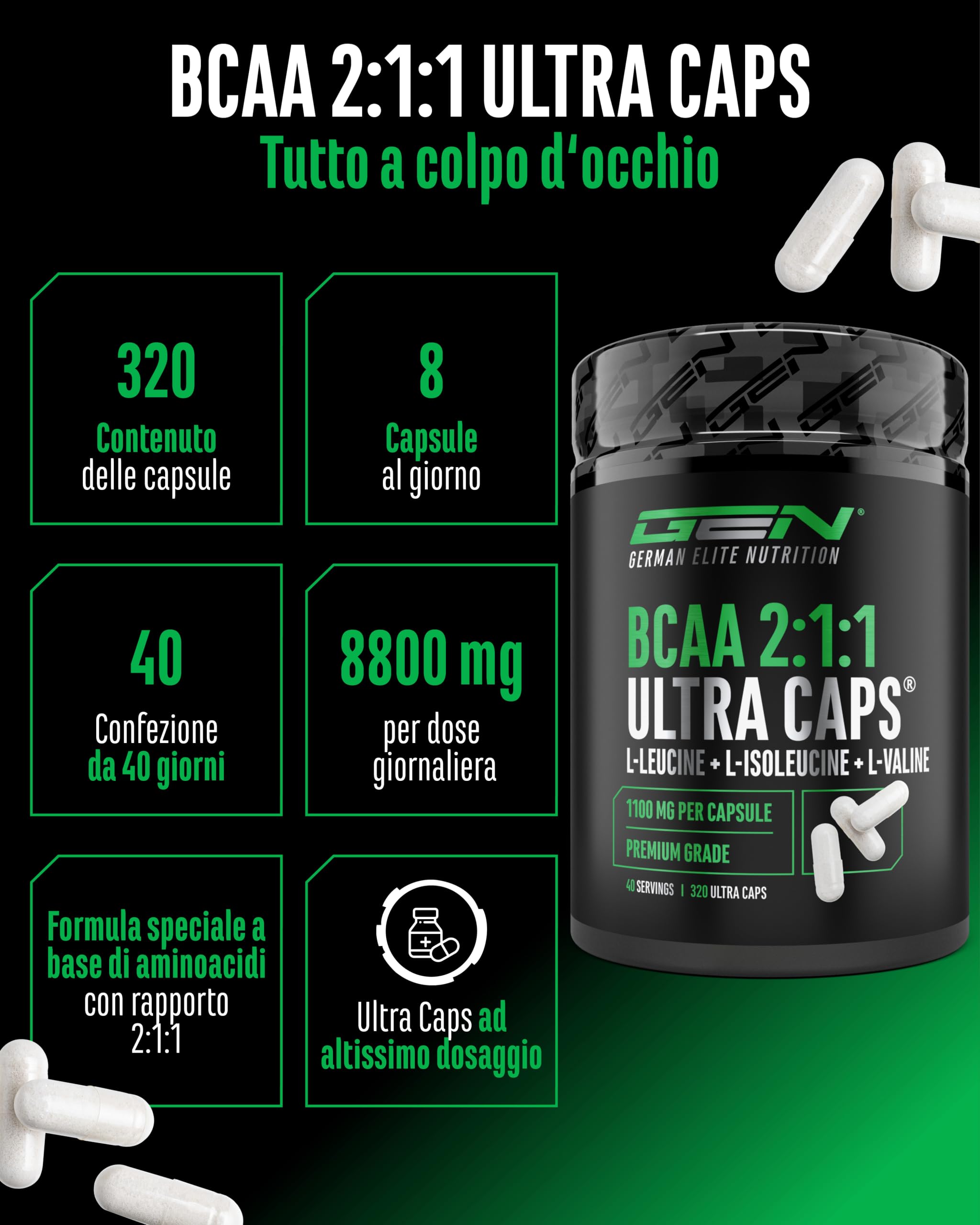BCAA 2:1:1 ULTRA CAPS® - 320 Capsule - 1100 mg per Capsula - 8800 mg per Dose Giornaliera - L-Leucina, L-Isoleucina e L-Valina - Aminoacidi Essenziali