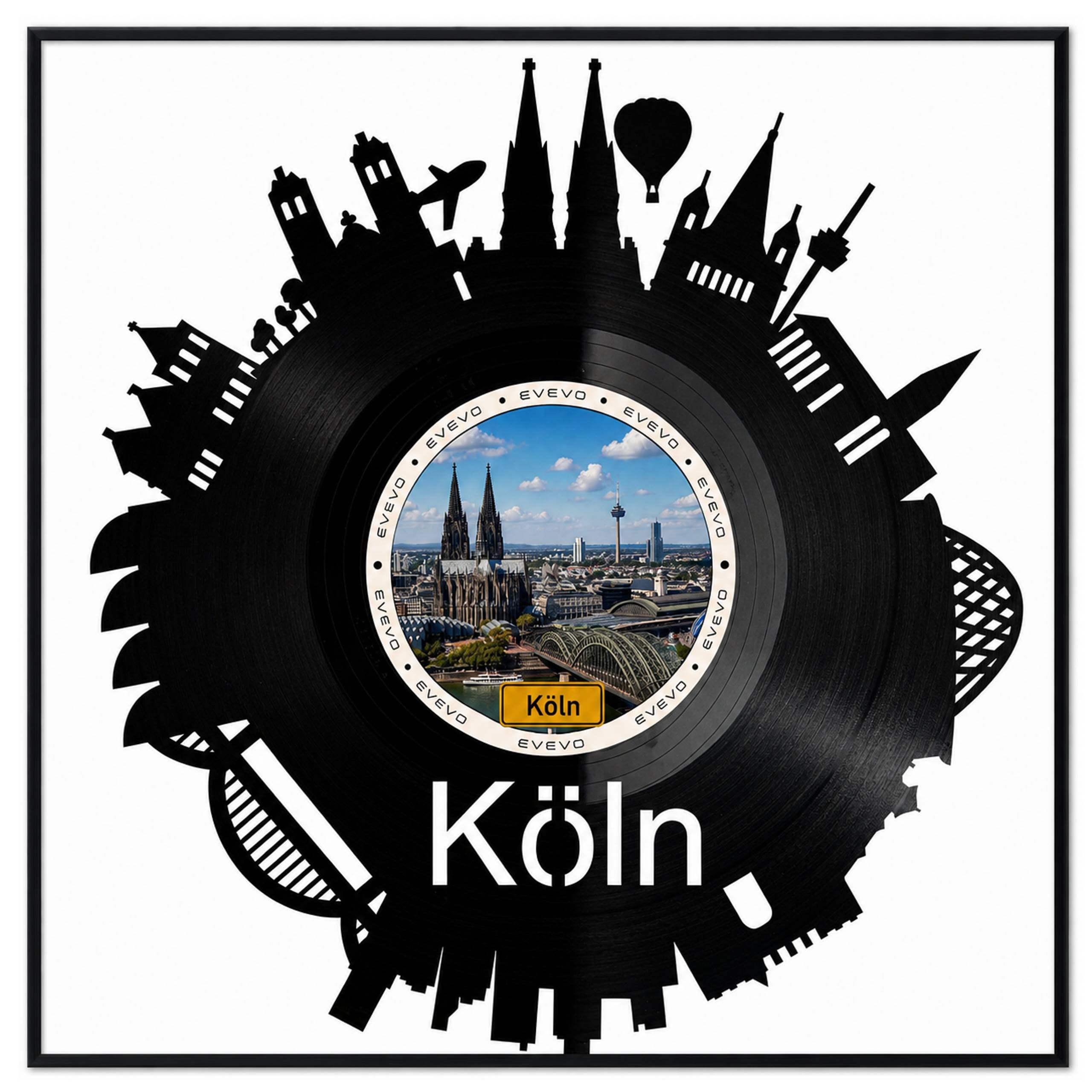 EVEVO Decorazione da parete in vinile con cornice, 32 x 32 cm, Colonia – Decorazione da parete in vinile con skyline di Domstadt, regalo per gli appassionati di Colonia e Renania