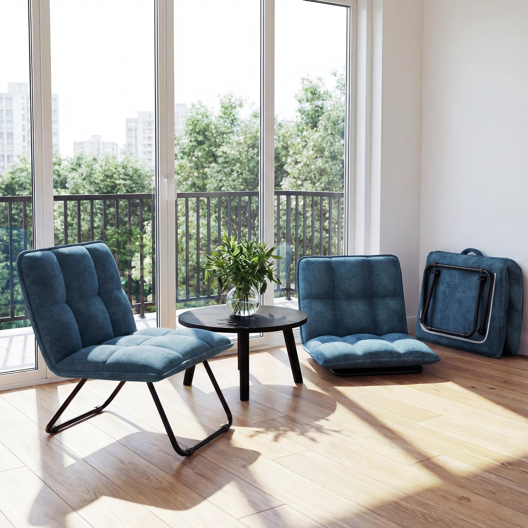 YITAHOME Klappstuhl Loungesessel Sessel Wohnzimmer, Faltbarer Ohrensessel mit Griff & Weichem Komfortpolster, Tragbar bis 150 kg, Platzsparend, Ohne Montage für Zuhause/Büro, Blau, 73×59×70 cm
