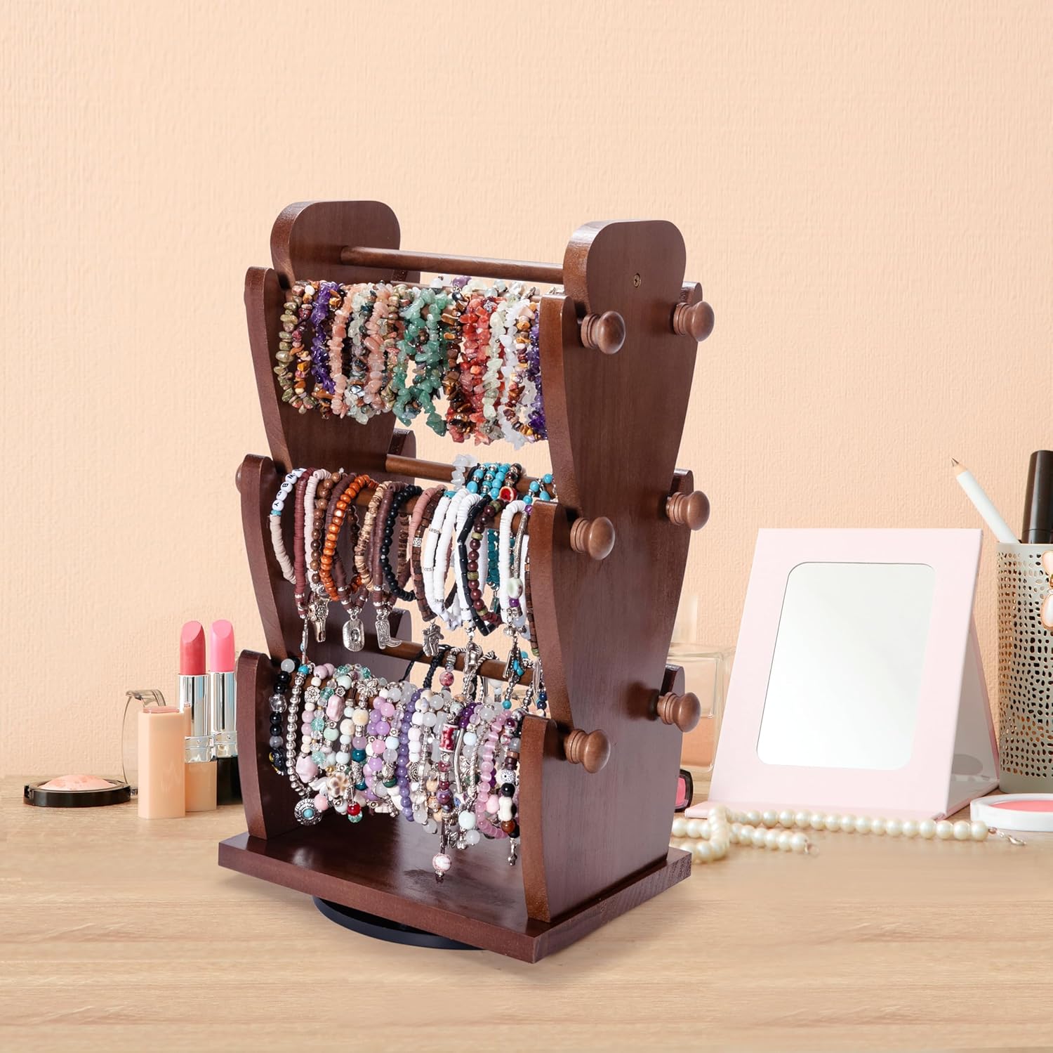 Two-Sided Rotating Wooden Jewelry Bracelet Holder Stand – 3-Tier Display with 6 Removable Bars for Bracelets, Bangles, Watches & Accessories – Brown Wooden Organizer for Home or Retail Showcase - Image 6