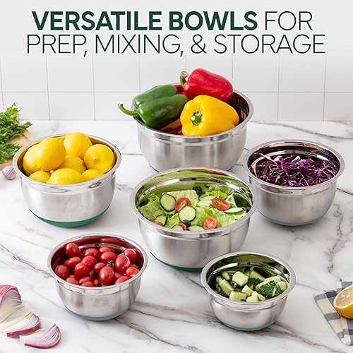 Miniatura 4 de COOK WITH COLOR Tazones para mezclar con tapas herméticas, 6 cuencos de almacenamiento de metal de acero inoxidable, parte inferior antideslizante