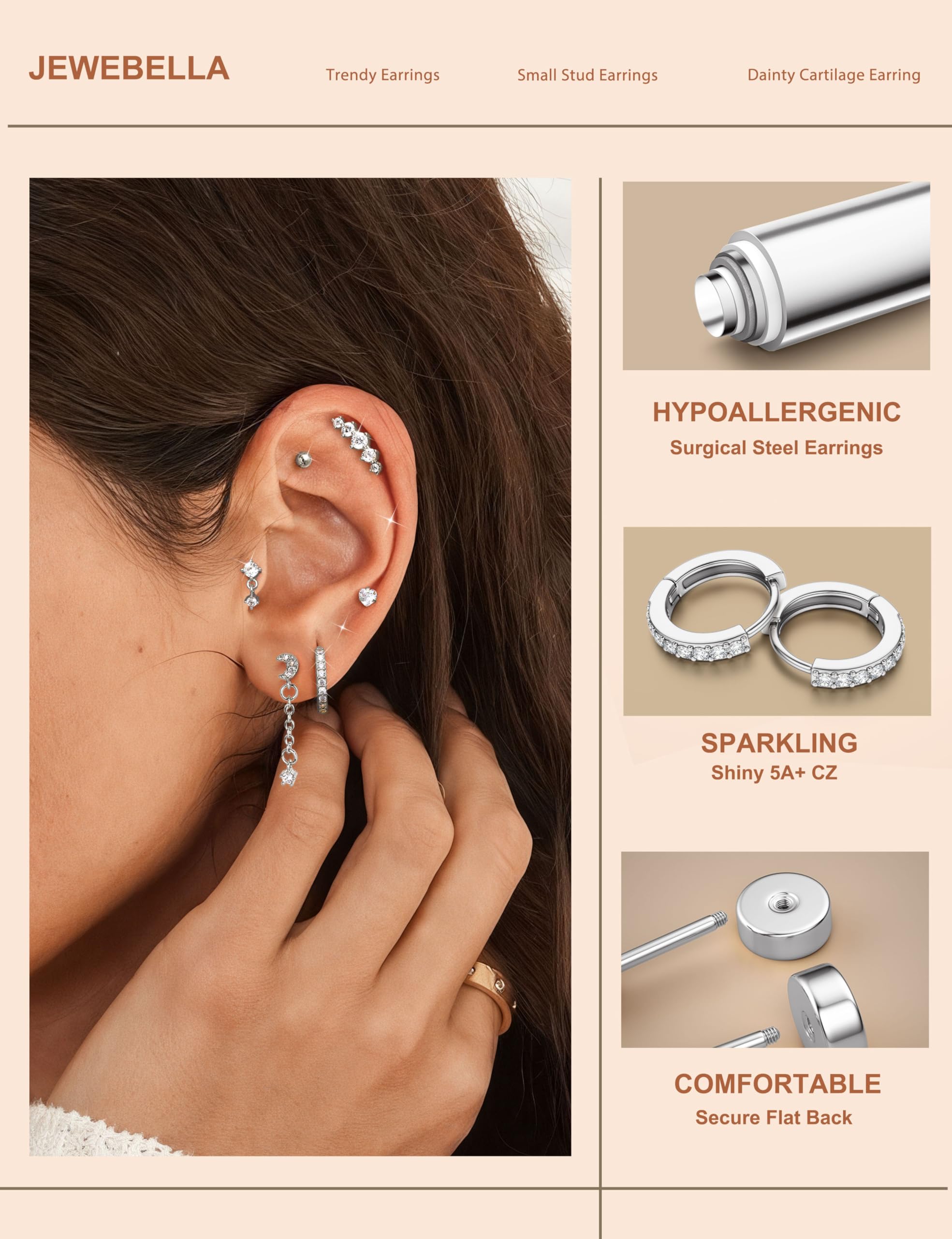 HMJGDHX 12 sztuk Helix Piercing biżuteria srebrne złote kolczyki dla kobiet chirurgiczne stalowe kolczyki z płaskim tyłem Rook Daith Conch Tragus Piercing biżuteria małe Helix Hoop kolczyki na