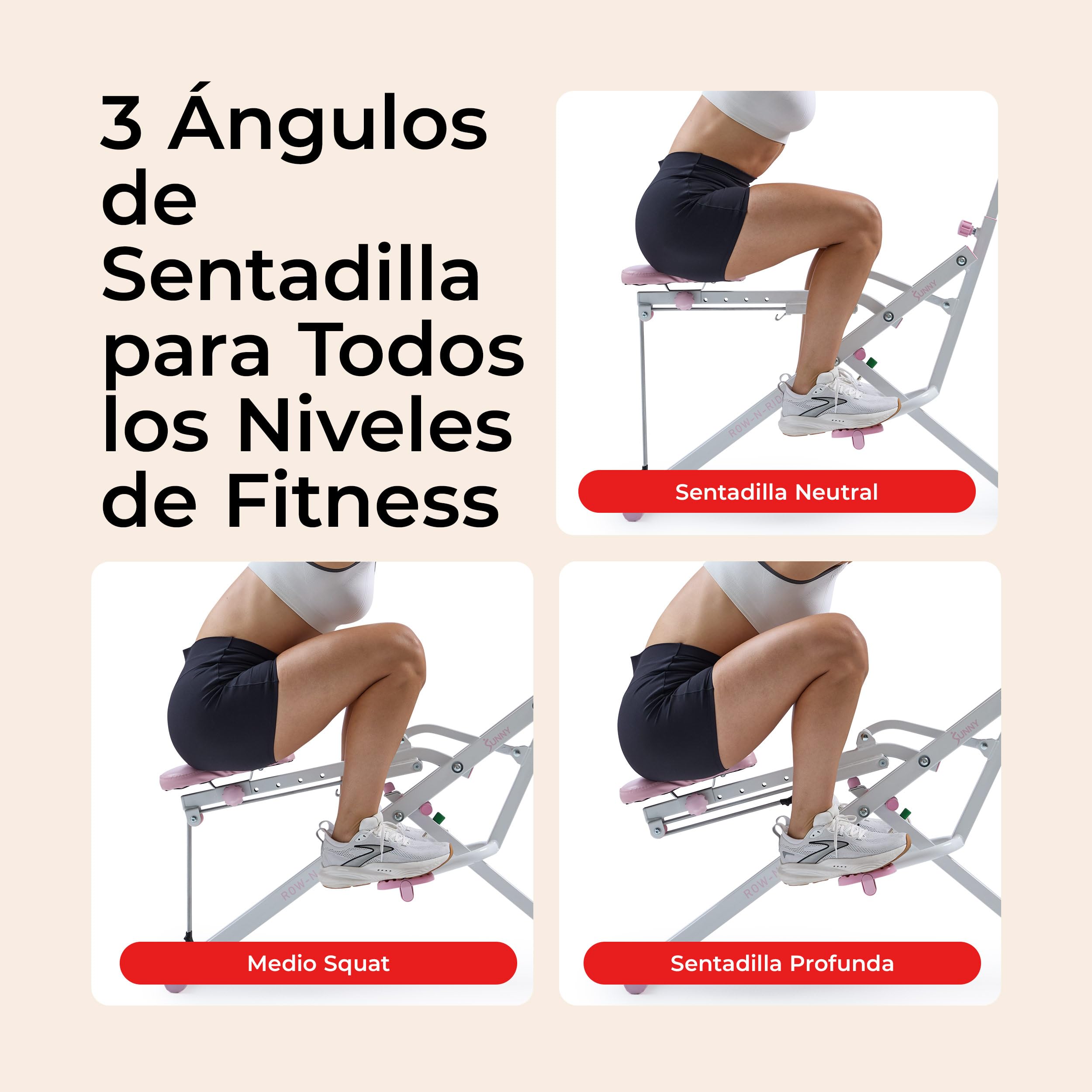 Sunny Health & Fitness Row-N-Ride Squat Trainer, Máquina de Sentadillas Plegable con Resistencia Ajustable, Equipo de Entrenamiento para Brazos, Glúteos y Piernas en Casa