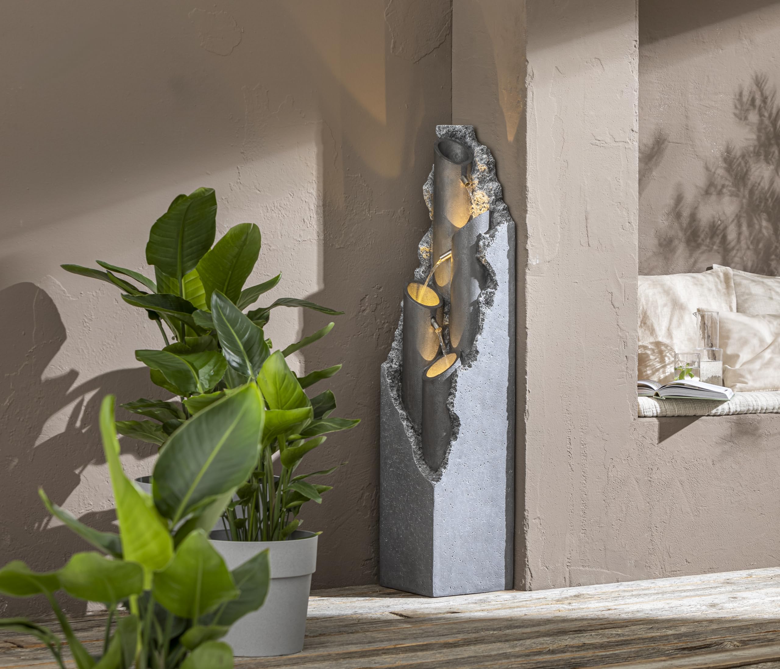 Dehner Gartenbrunnen Tubi, Outdoor-Brunnen, mit LED-Beleuchtung, solarfähig, ca.27,5x131x27,5 cm, Polyresin, grau