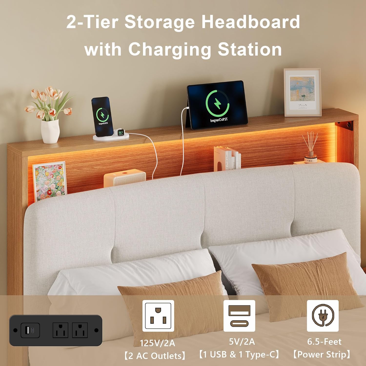 Close-up of the headboard's charging station with two AC outlets, one USB-A, and one USB-C port.