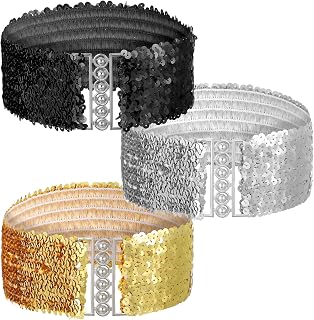 Sequin Belt 3PCS Sequin Belts for Women, Glitter Belt for 70s 80s Costume Party, Disco Party Costume Wide Waist Elastic Cinch Belts Cheerleader Stretchy for Women Metal Buckle (Gold Silver Black)