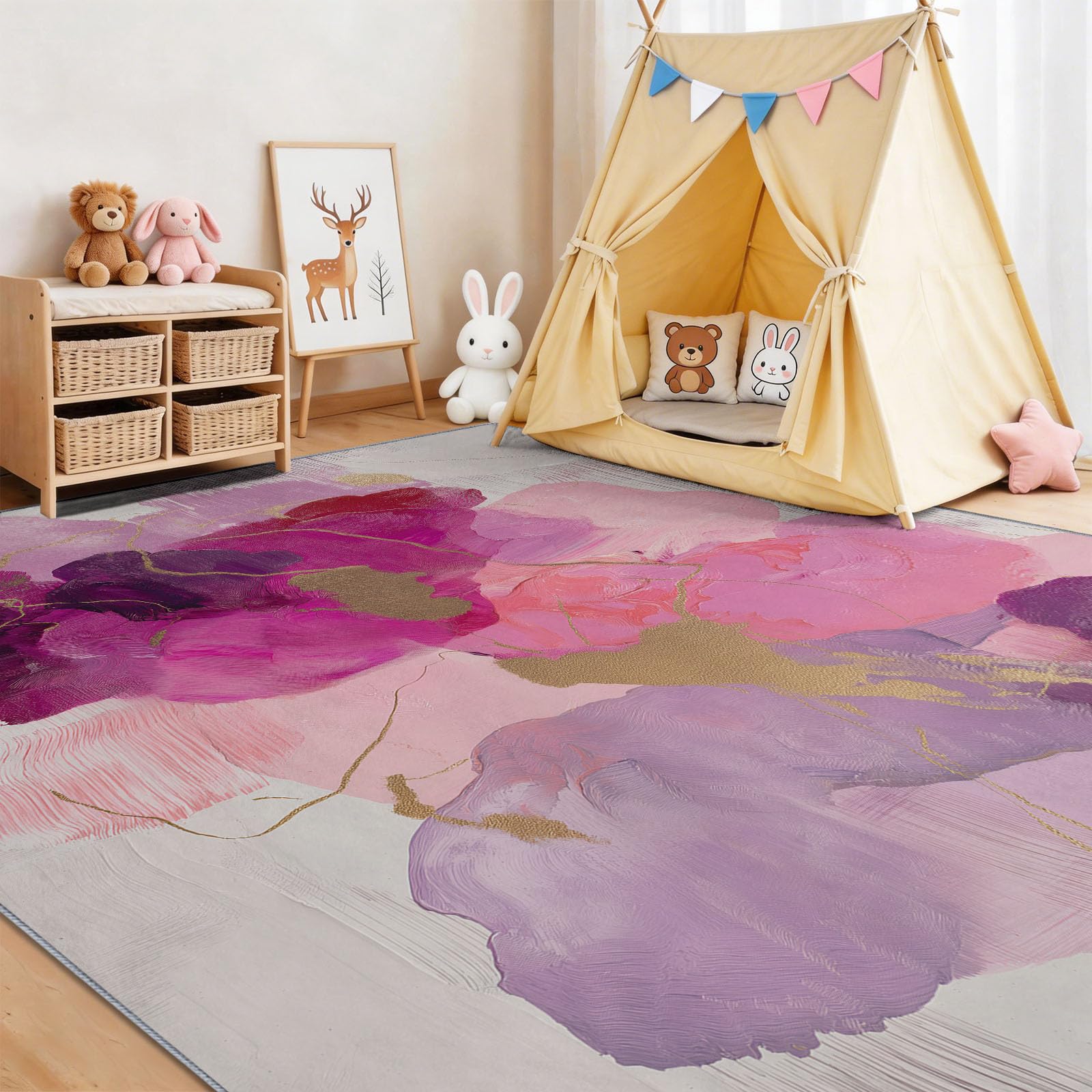 Abstrakte Wirbel Farbblöcke Kinderzimmer Teppich, Luxus Stil, Deko-Teppiche für Wohnzimmer Esszimmer Schlafzimmer Küche, 80 x 150 cm Rosa Lila