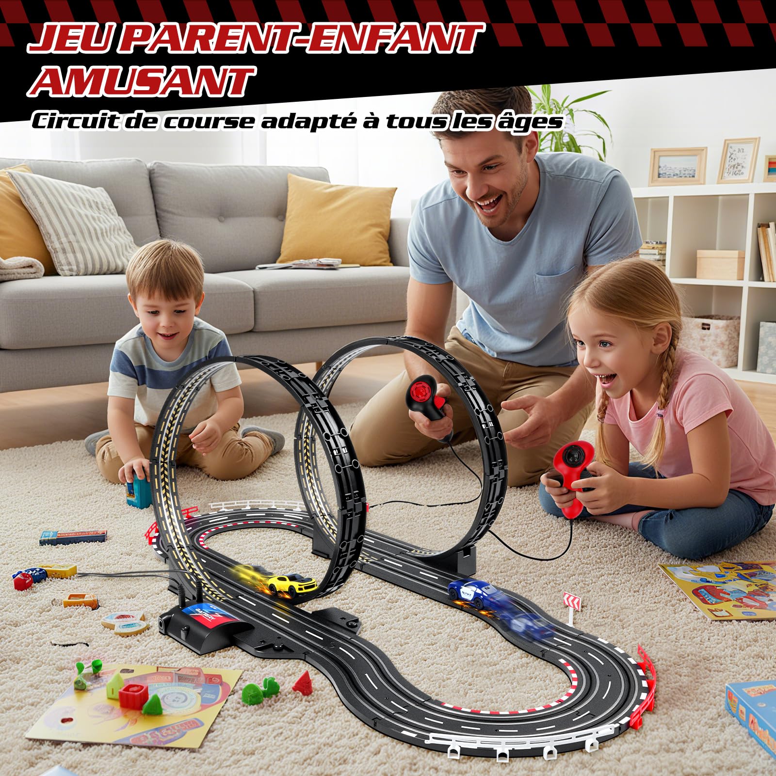 JONRRYIN Piste De Course Voiture Electrique, 2 Voitures, 2 TéLéCommandes, 2 Boucles De 360°, Compteur De Tours, Circuit Voiture Enfant Piste De Course Enfants 6+ Ans (1:64)