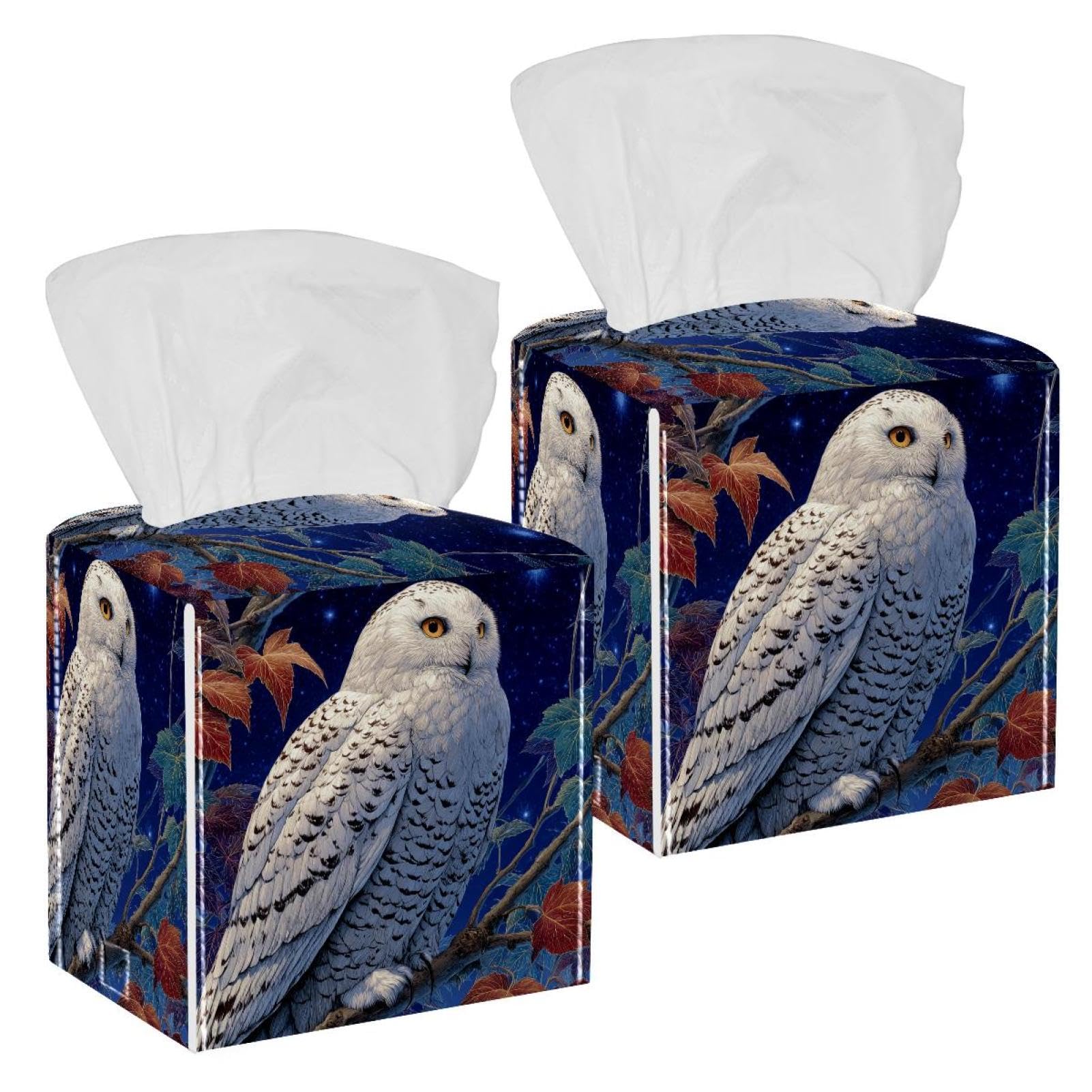 Snowy Owl Tissue Box Cover, 2 Pack PU Leather Square Facial Tissue Dispenser Box holder for Home Office Car