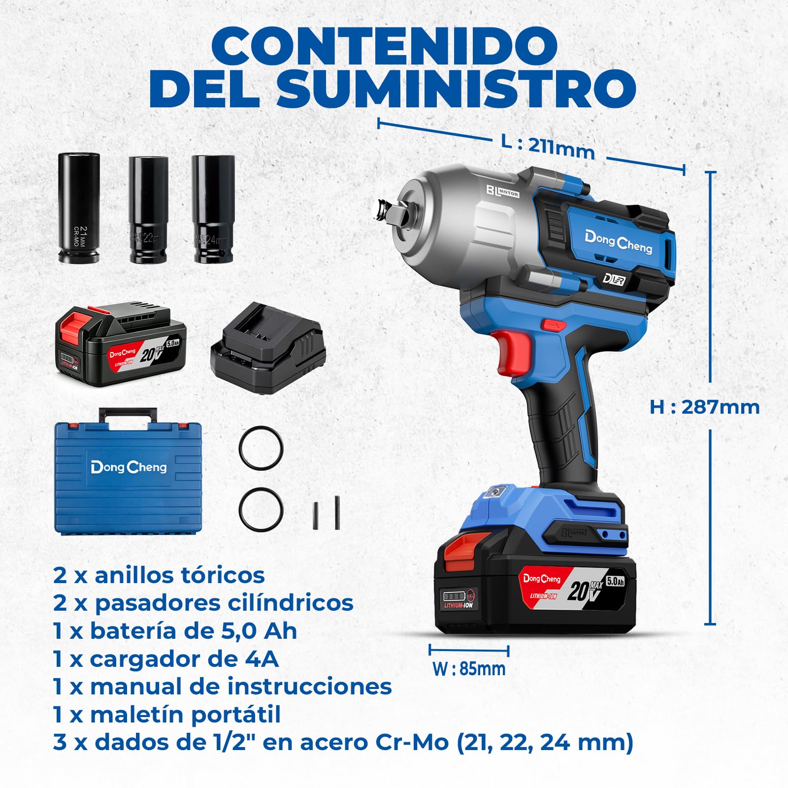 DongCheng Llave de impacto a batería, 1700 Nm Incluye 1 batería 5Ah | sin escobillas 1/2" , 3 velocidades , cargador rápido, 3 dados y maletín. Para reparación de camiones y maquinaria pesada