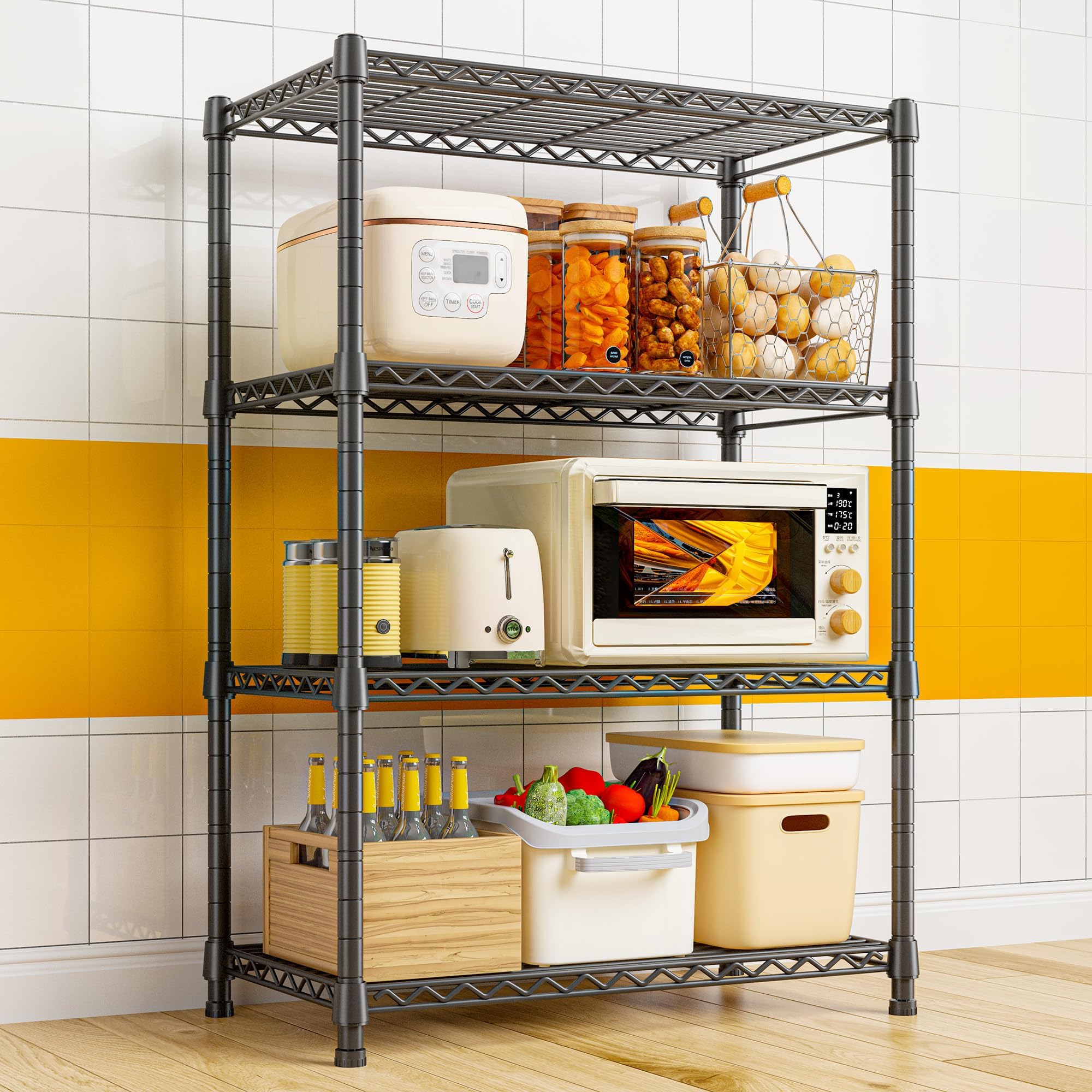REIBII 360KG Heavy Duty Metal Shelving Unit, 90x35x137CM 4-Tier Storage Rack, Adjustable Corner Shelf Unit - Industrial Metal Wire Shelves for Garage, Kitchen, Pantry, Maximize Storage Space,