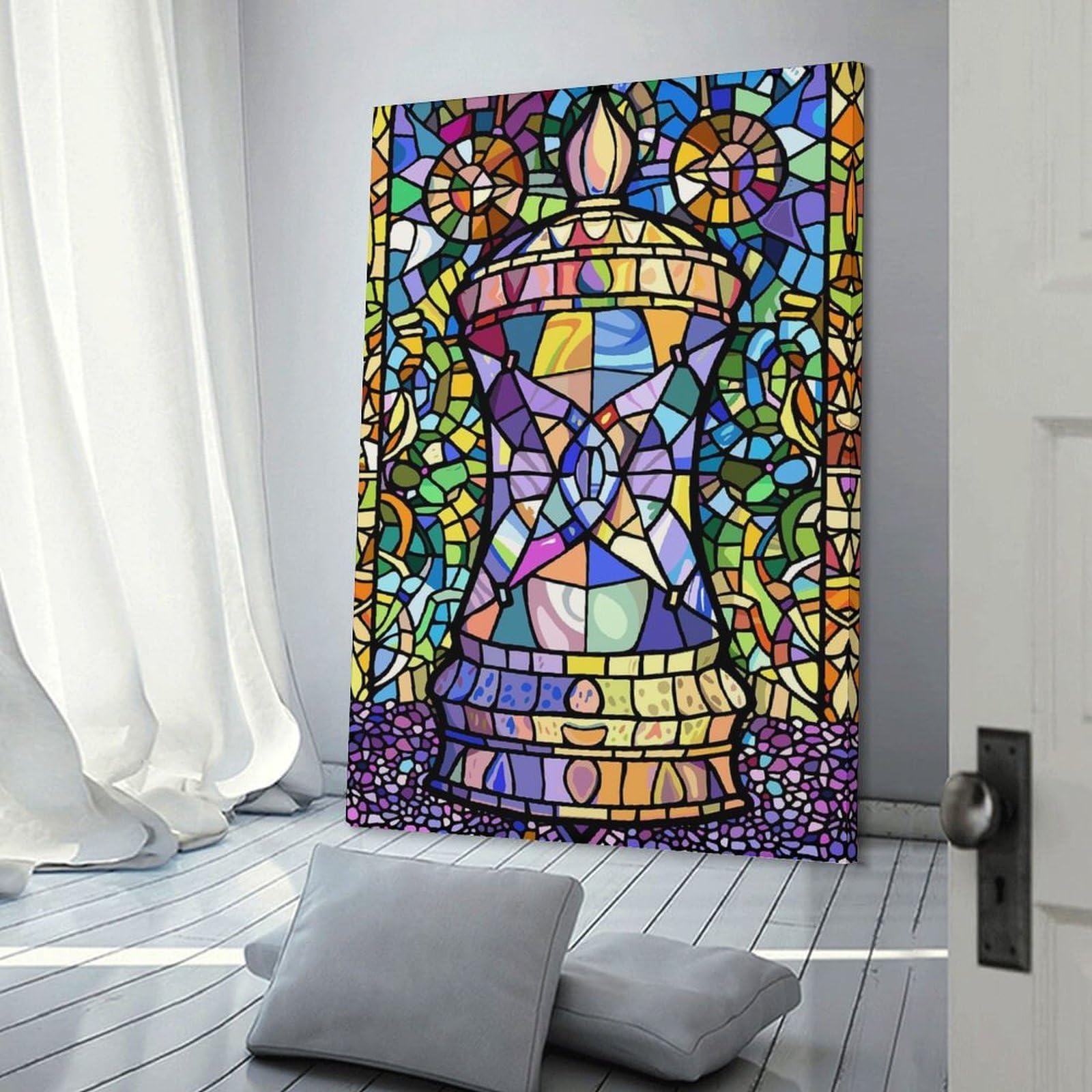 Junmoney Stained Glass Chess Piece Canvas Wall Picture, 20x30inch(50x75cm), for Front Hall, Corridor Or Welcome Spaces, Wall Decor to Refresh Empty Corners