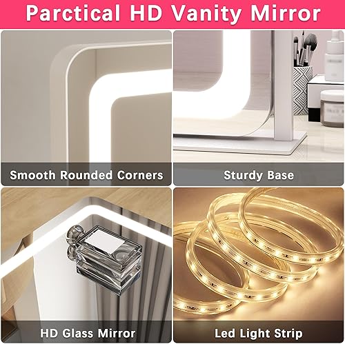 Miniatura 6 de Espejo de tocador iluminado de 22 x 19 pulgadas con luces LED regulables, 3 modos de color, control táctil inteligente y base giratoria de 360,