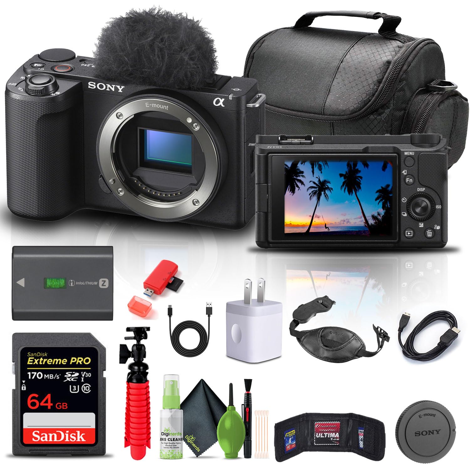 Sony Alpha ZV-E10 II Mirrorless Camera (Body Only, Black) (ZVE10M2KB) + 64GB Memory Card + Bag + Card Reader + HDMI Cable + Flex Tripod + Hand Strap +