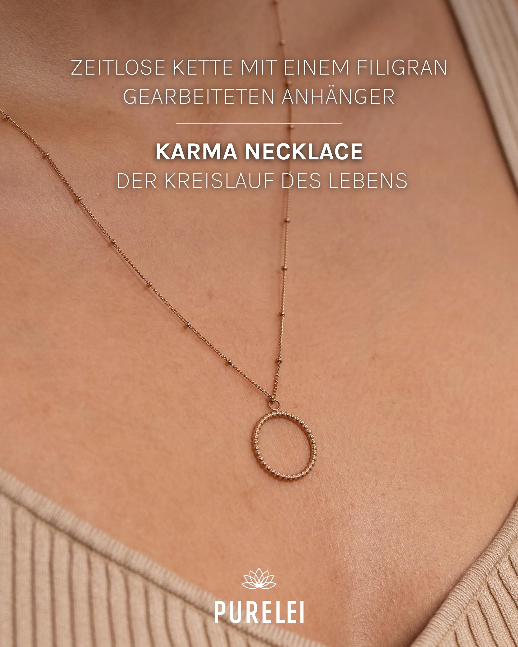 PURELEI® Karma naszyjnik damski (różowe złoto) – Naszyjnik dla kobiet z trwałej stali nierdzewnej – Wodoodporny naszyjnik – Regulowana długość 40-45 cm – Naszyjnik dla Twojego unikalnego stylu