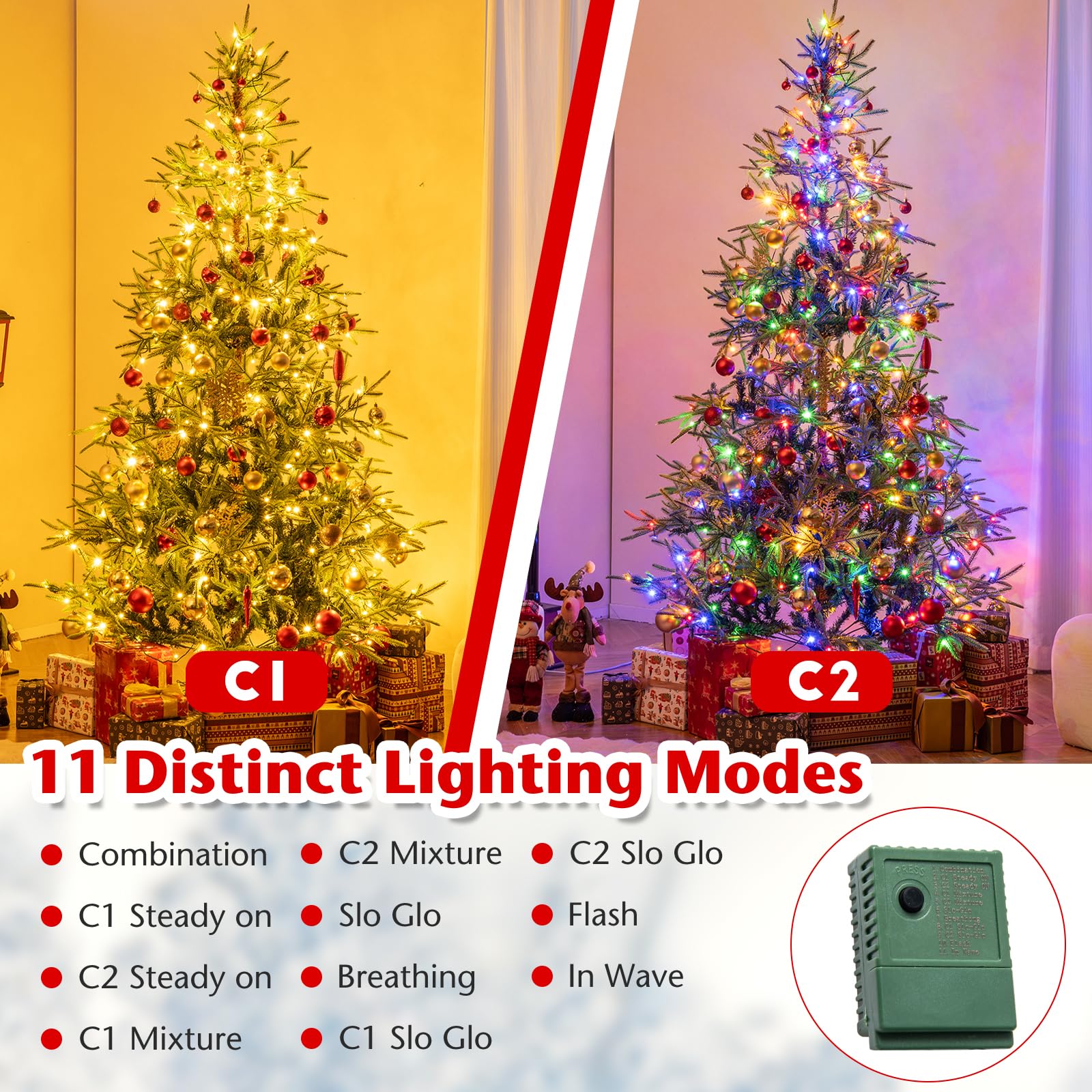 KOMFOTTEU Künstlicher Weihnachtsbaum mit 250/300 Lichtern, Tannenbaum mit 11 Beleuchtungsmodi, Christbaum mit Metallständer, für Haus, Geschäfte, Büro (210 cm)