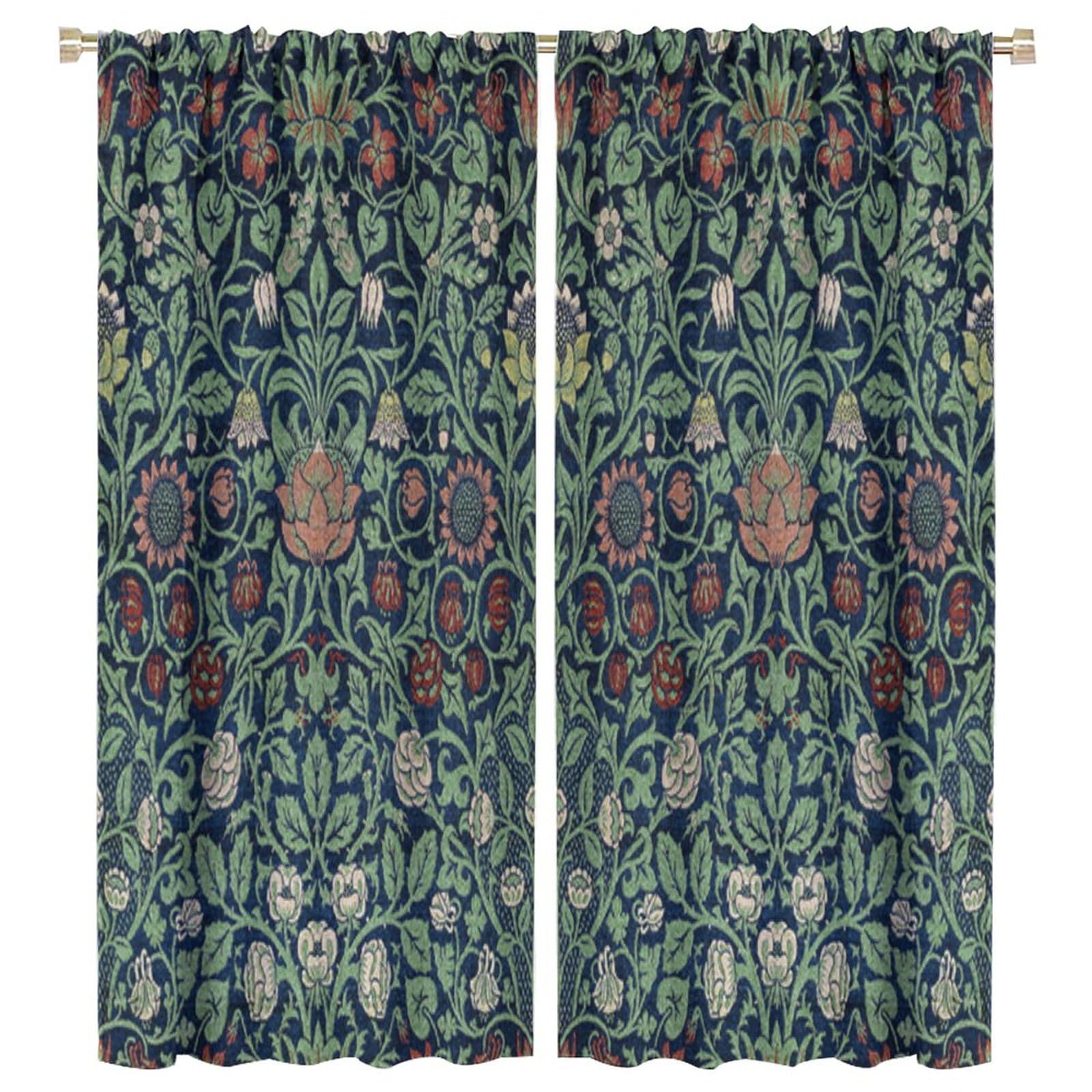 SHElifestyle Boho Vintage Floral Curtains, William Morris Colorful Flower Retro Botanical Plant Forest Green Blackout Window Treatments Drapes for