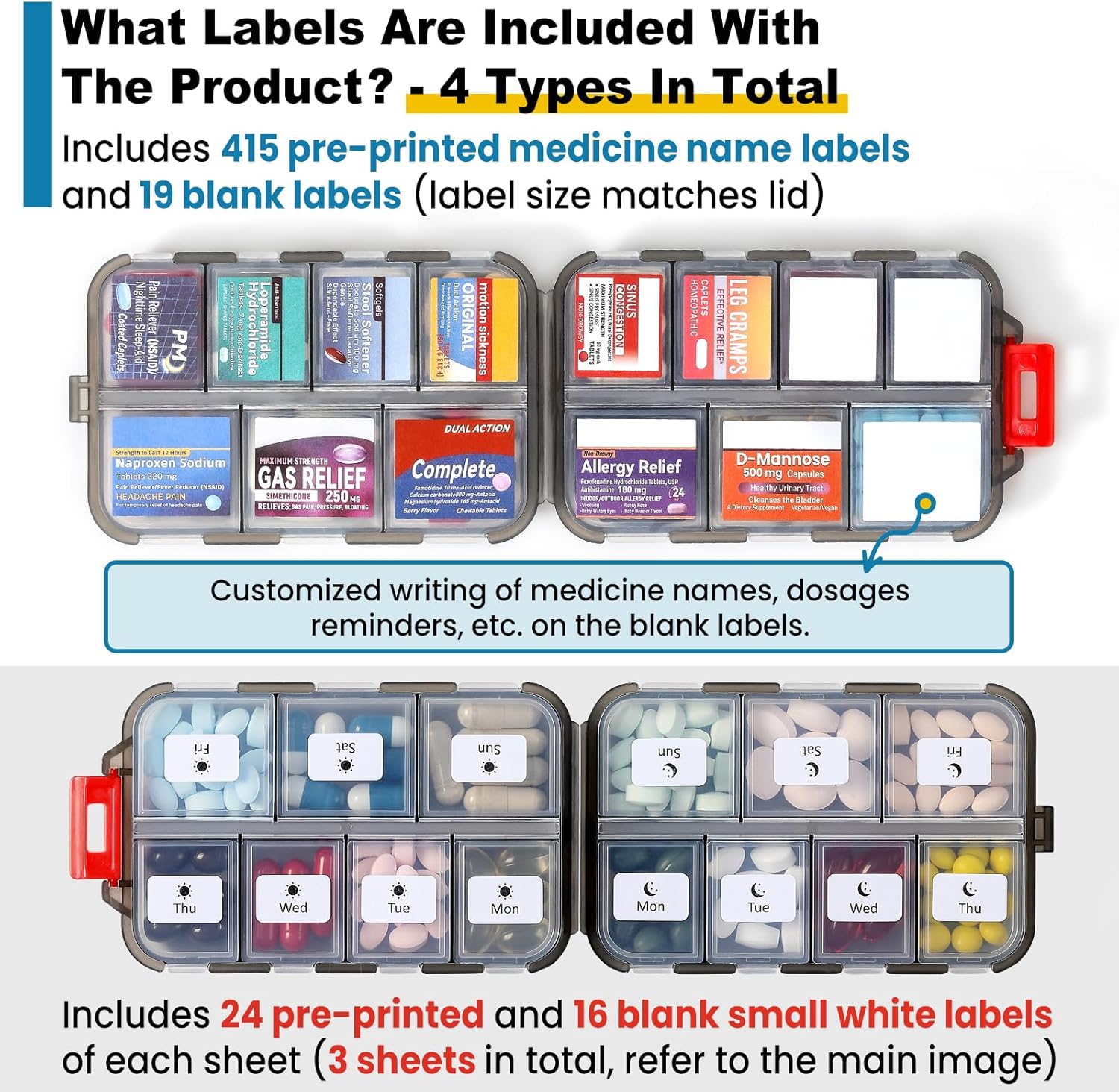 Showdown: 3-Pack Travel Pill Organizer with 14 Grids, 415 Labels - Tested for On-the-Go Health