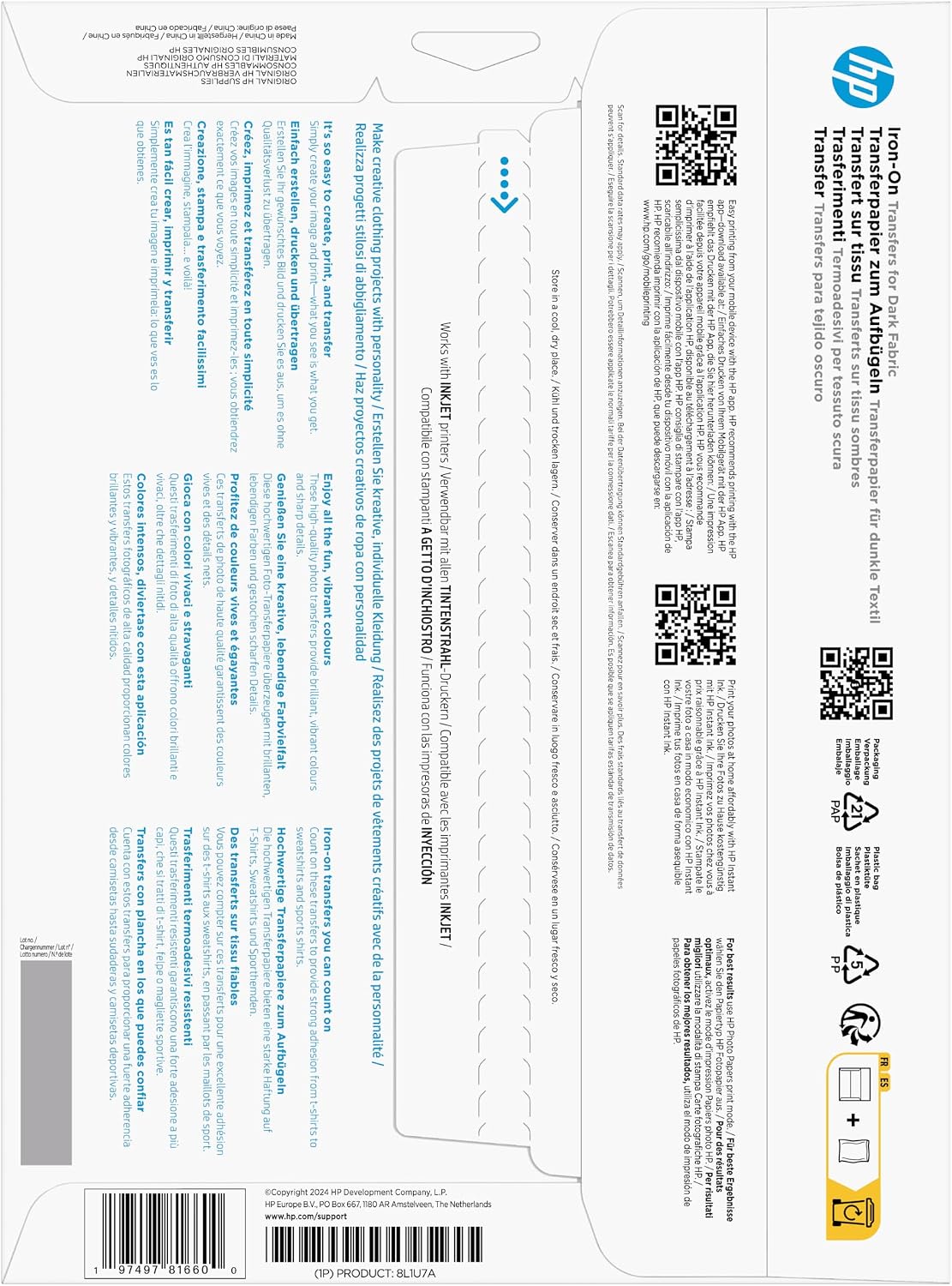 HP Iron-On Dark Fabric Transfers 8L1U7A, Fomrato A4 (210 x 297 mm), Pack of 10 Sheets, White