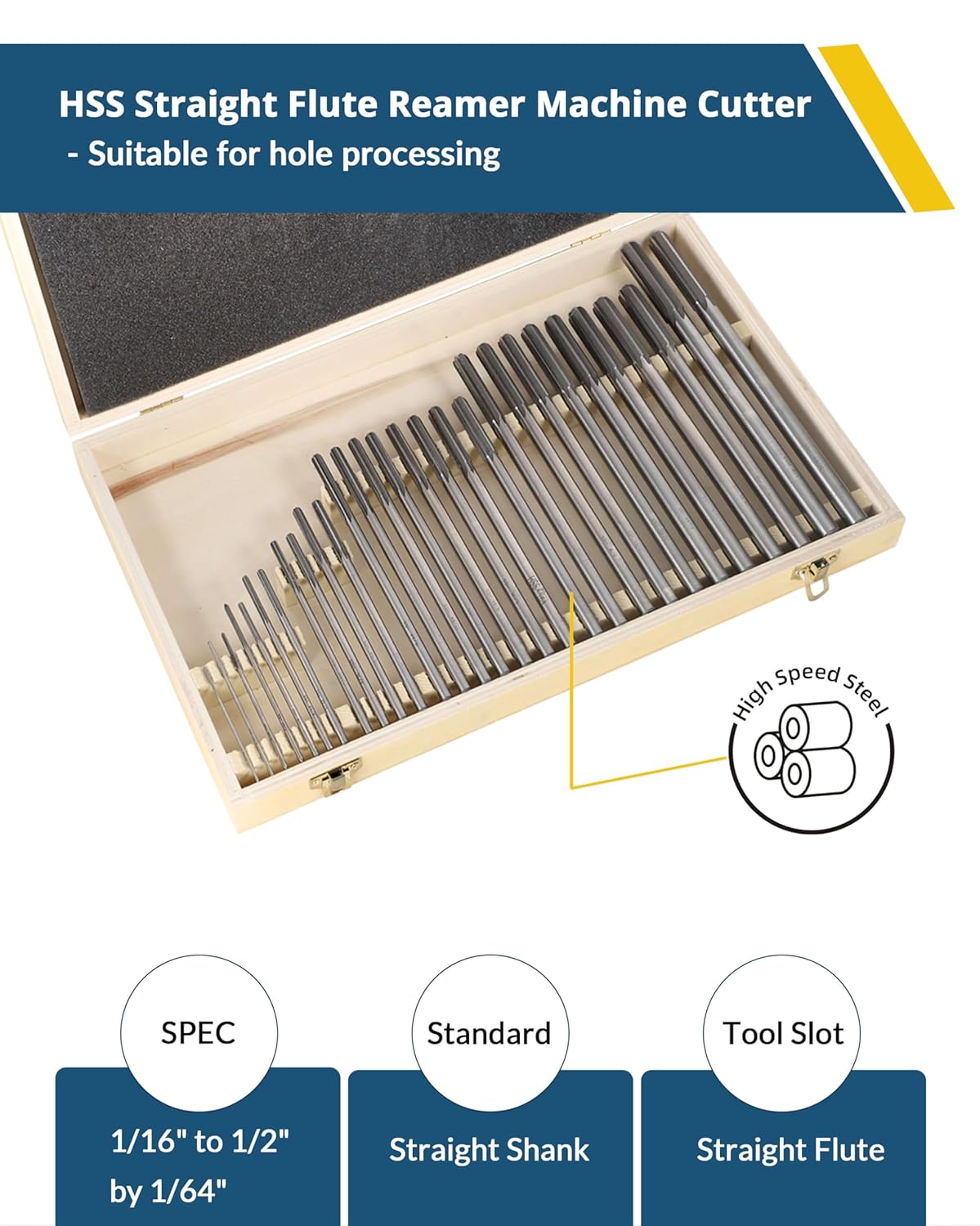 29pcs HSS Chucking Reamer Set, 1/16"-1/2" by 1/64", Straight Shank/Flute, Right Hand Cut, for Hole Processing in Lathes, Drill Presses, Milling, Screw Machines & Machining Centers