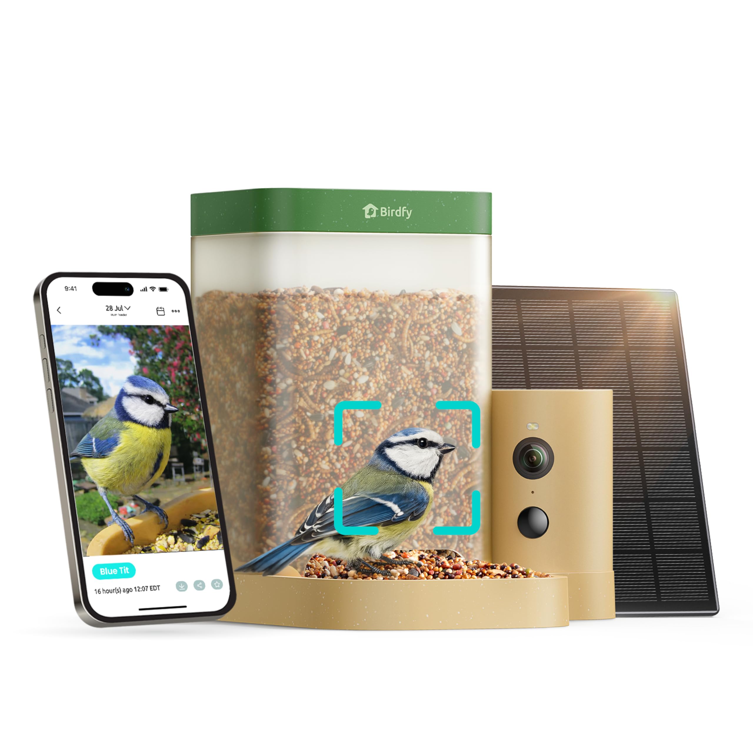 Birdfy Smart Vogelfutterhaus mit Kamera für Anfänger, Solarbetriebener Vogelfutterautomat für den Außenbereich mit doppelter Nachtsicht, KI Vogelerkennung kostenlos, Zeitlupe und Schutzklasse IP66