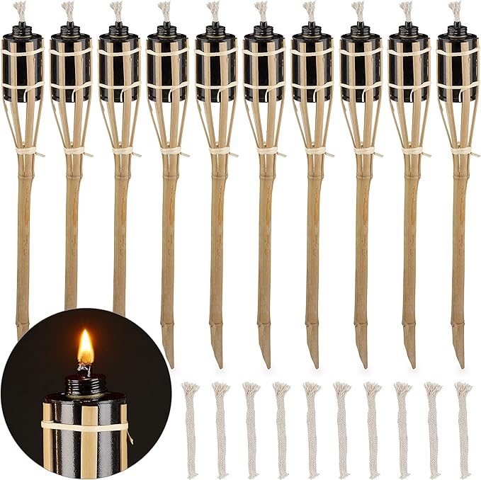 Relaxdays Garden Torches, Set of 10, Bamboo, Oil Torches for Outdoors
