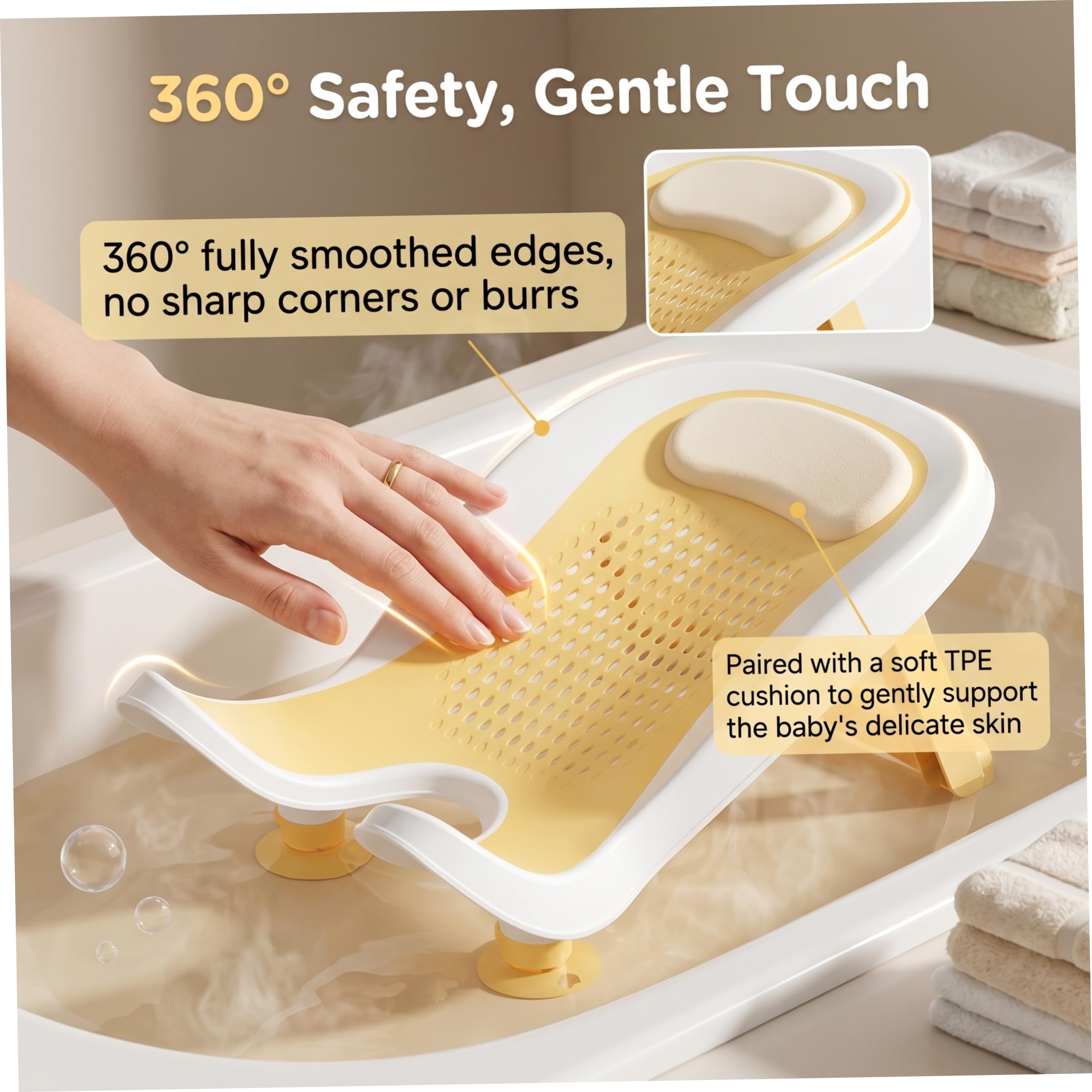Bañera para lavabo para bebé, soporte para bañera para lavabo para bebé, higiénico sin retrolavado con respaldo ergonómico y ventosas, amarillo