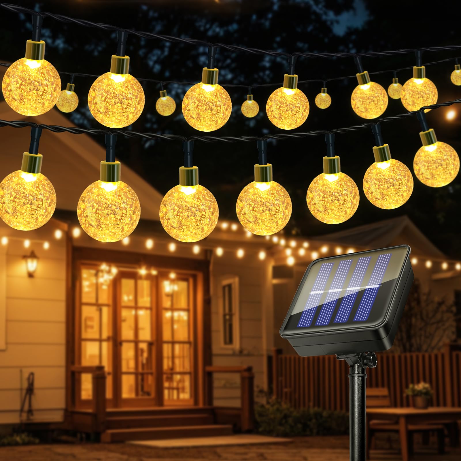 Guirnaldas Luces Exterior Solares, 11M 60LED Guirnalda Luces Solar, IP65 Impermeable, 8 Modos Cadena Luce Solar, Interior y Exterior Cadena Bombilla para Jardín, Patio, Fiesta, Navidad (Blanco Cálido)